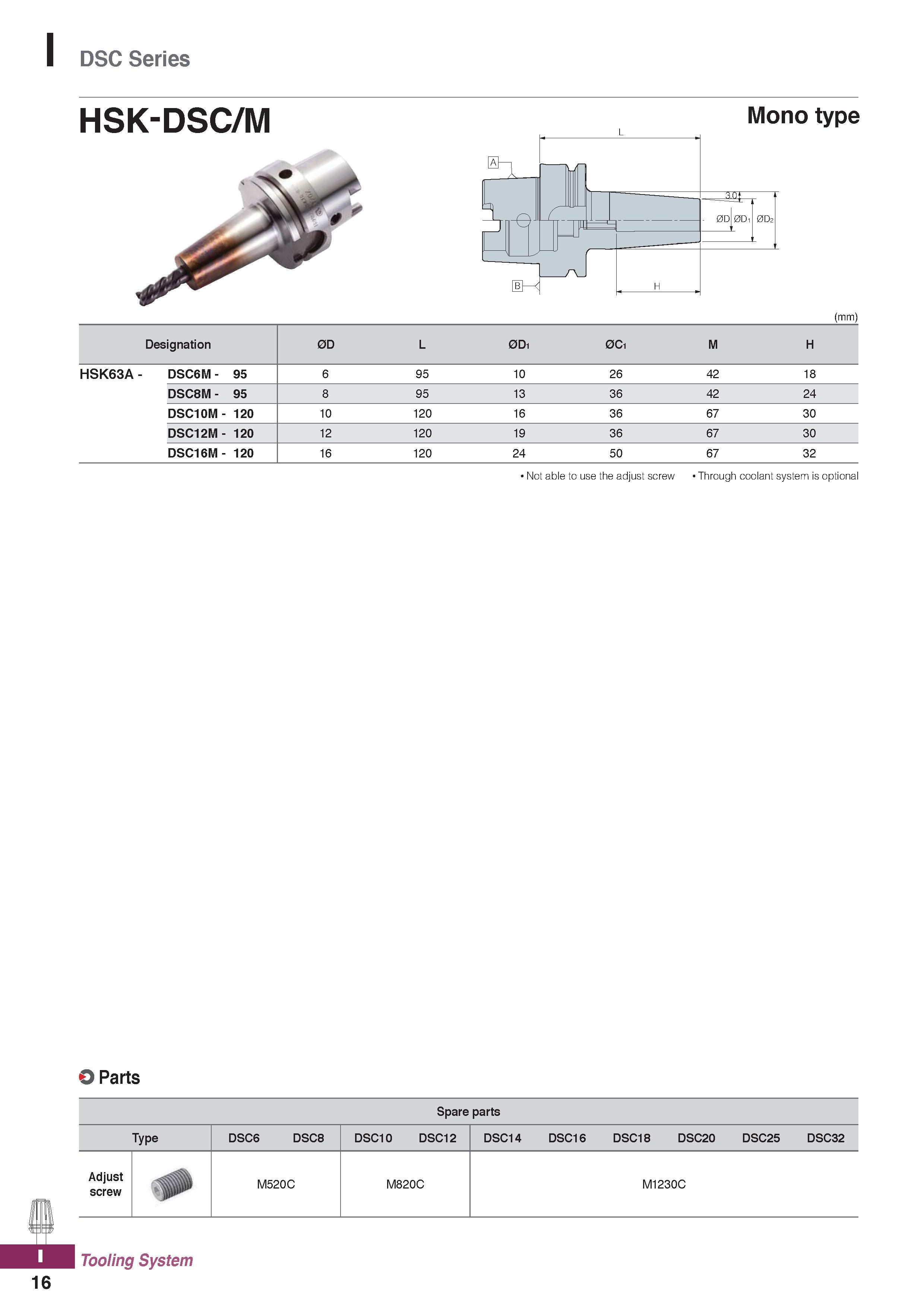 1154 DSC Series HSK-DSC/M Mono type (mm) Not able to use the adjust screw Through coolant system is optional O Parts Spare parts Type DSC6 DSC8 DSC10 Каталог KORLOY 2020 Режущий и вспомогательный инструмент для станков ЧПУ и универсальных Фрезы с СМП Сверла твердосплавные Резцы токарные Пластины сменные режущие Стр. I16