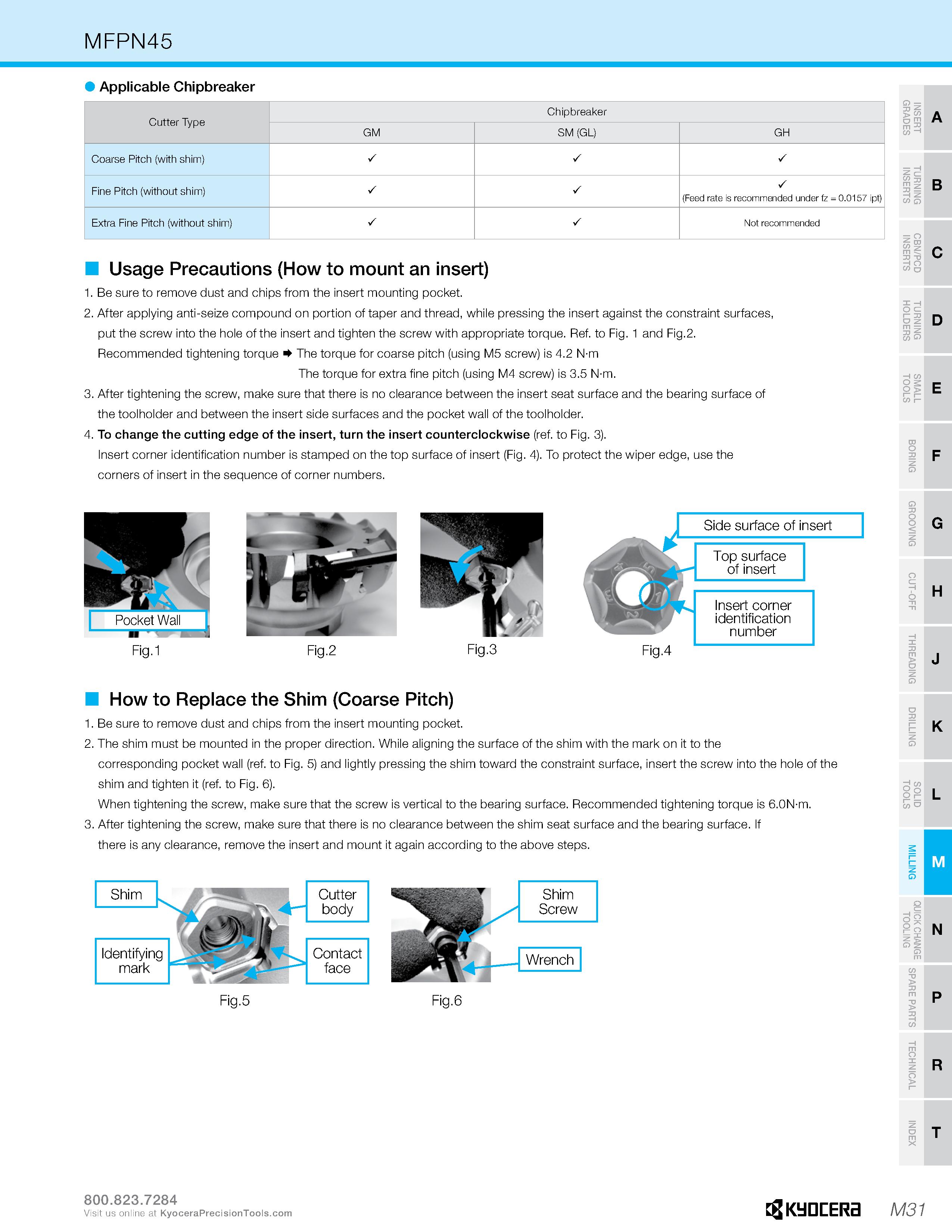 1001 MFPN45 Applicable Chipbreaker Cutter Type Chipbreaker GM SM (GL) GH Coarse Pitch (with shim) S S S Fine Pitch (without shim) S S S (Feed rate is Каталог KYOCERA 2019 Инструмент для металлообработки Сверла по металлу для станков из твердого сплава Токарные державки со сменными пластинами Корпусные фрезы с СМП Запасные части Стр. M31