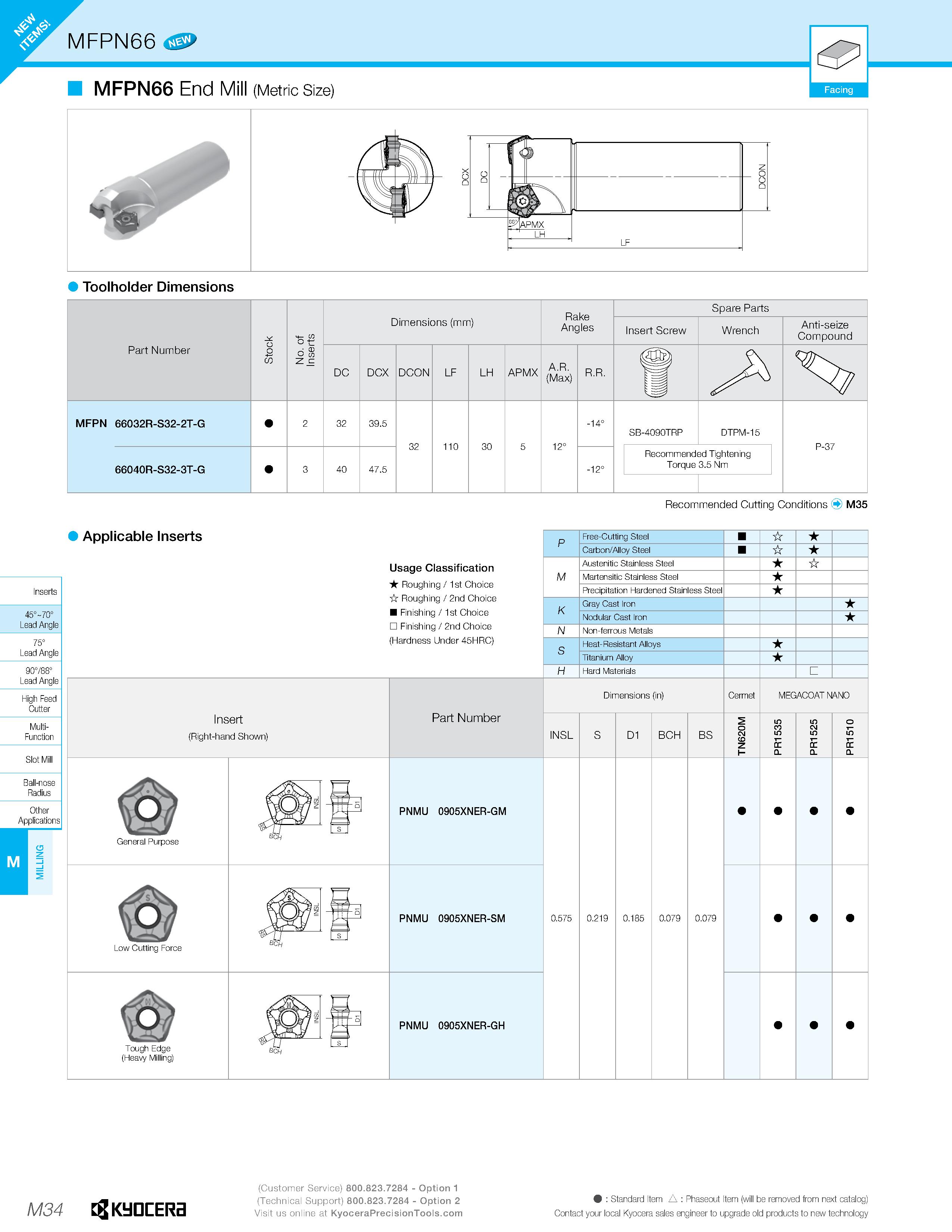 1004 M MFPN66 End Mill (Metric Size) V i It - z o Hapmx LH LF Toolholder Dimensions Part Number Stock No of Inserts Dimensions (mm) Rake Angles Spare Каталог KYOCERA 2019 Инструмент для металлообработки Сверла по металлу для станков из твердого сплава Токарные державки со сменными пластинами Корпусные фрезы с СМП Запасные части Стр. M34