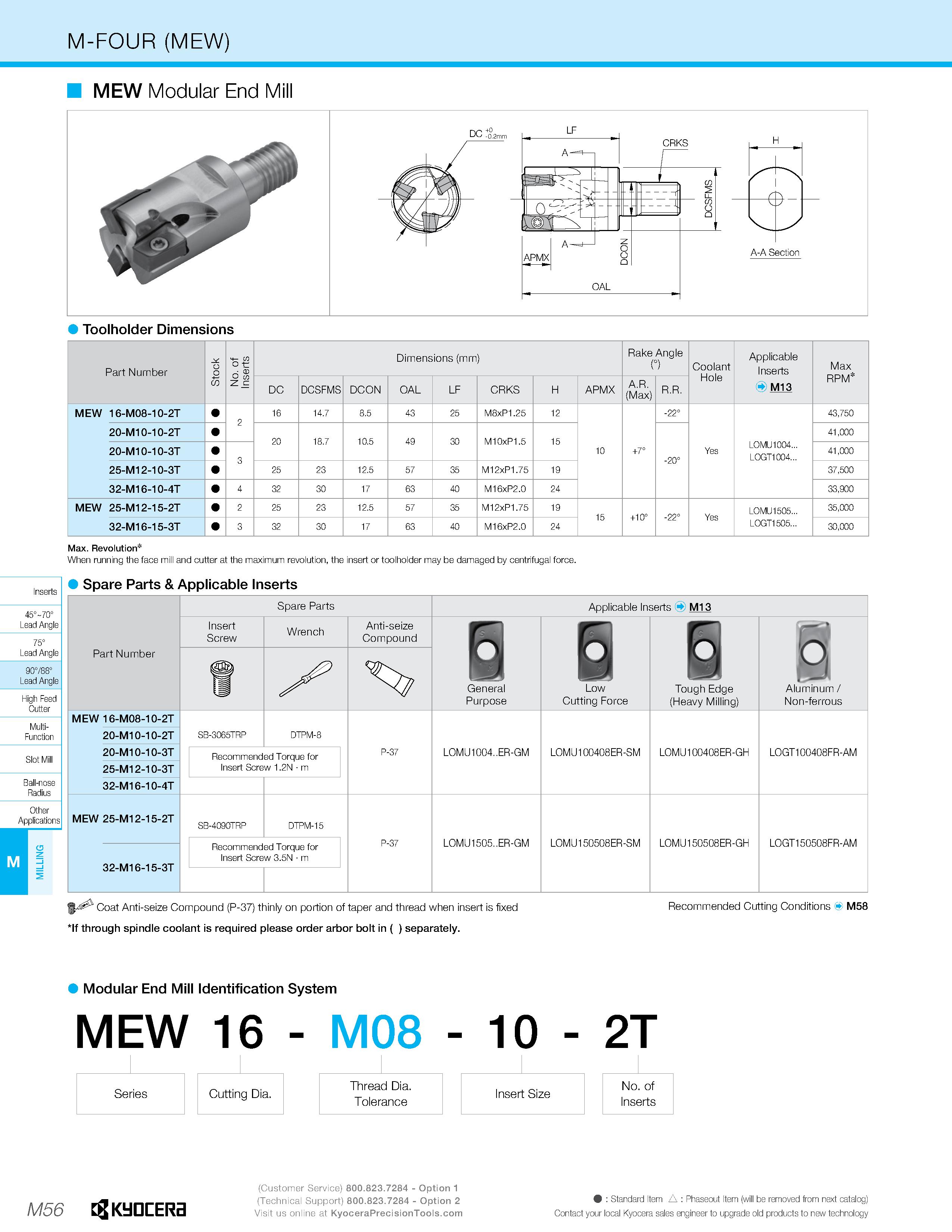 1026 M-FOUR (MEW) MEW Modular End Mill CRKS APMX Toolholder Dimensions Part Number o No of Inserts Dimensions (mm) Rake Angle (°) Coolant Hole Applica Каталог KYOCERA 2019 Инструмент для металлообработки Сверла по металлу для станков из твердого сплава Токарные державки со сменными пластинами Корпусные фрезы с СМП Запасные части Стр. M56