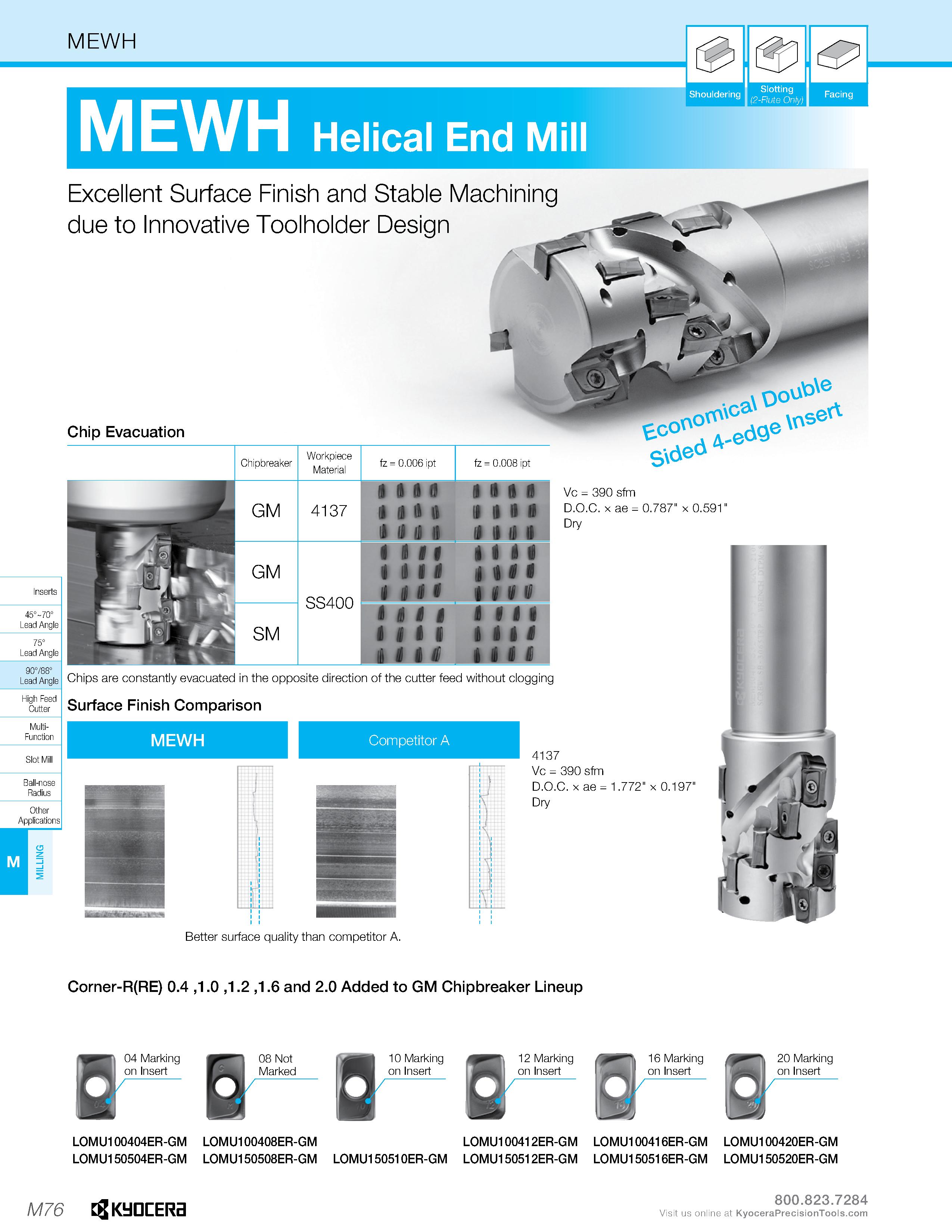 1046 MEWH MEWH Shouldering lt'Only) Facing Helical End Mill Excellent Surface Finish and Stable Machining due to Innovative Toolholder Design Chip Eva Каталог KYOCERA 2019 Инструмент для металлообработки Сверла по металлу для станков из твердого сплава Токарные державки со сменными пластинами Корпусные фрезы с СМП Запасные части Стр. M76
