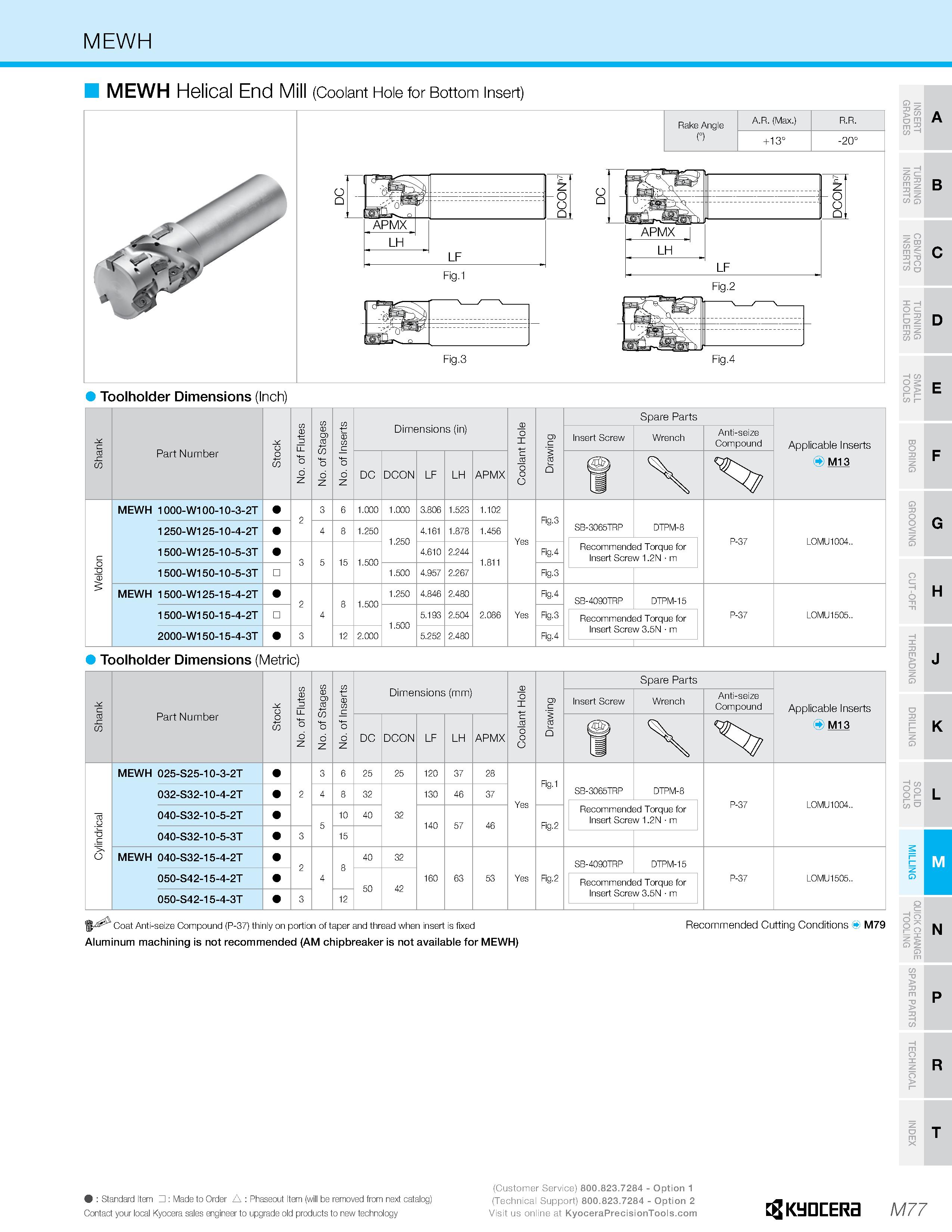 1047 MEWH MEWH Helical End (Coolant Hole for Bottom Insert) Rake Angle n A R (Max ) +13“ -20“ Fig 3 Fig 4 Toolholder Dimensions (Inch) O T> > £ m 2 c/ Каталог KYOCERA 2019 Инструмент для металлообработки Сверла по металлу для станков из твердого сплава Токарные державки со сменными пластинами Корпусные фрезы с СМП Запасные части Стр. M77