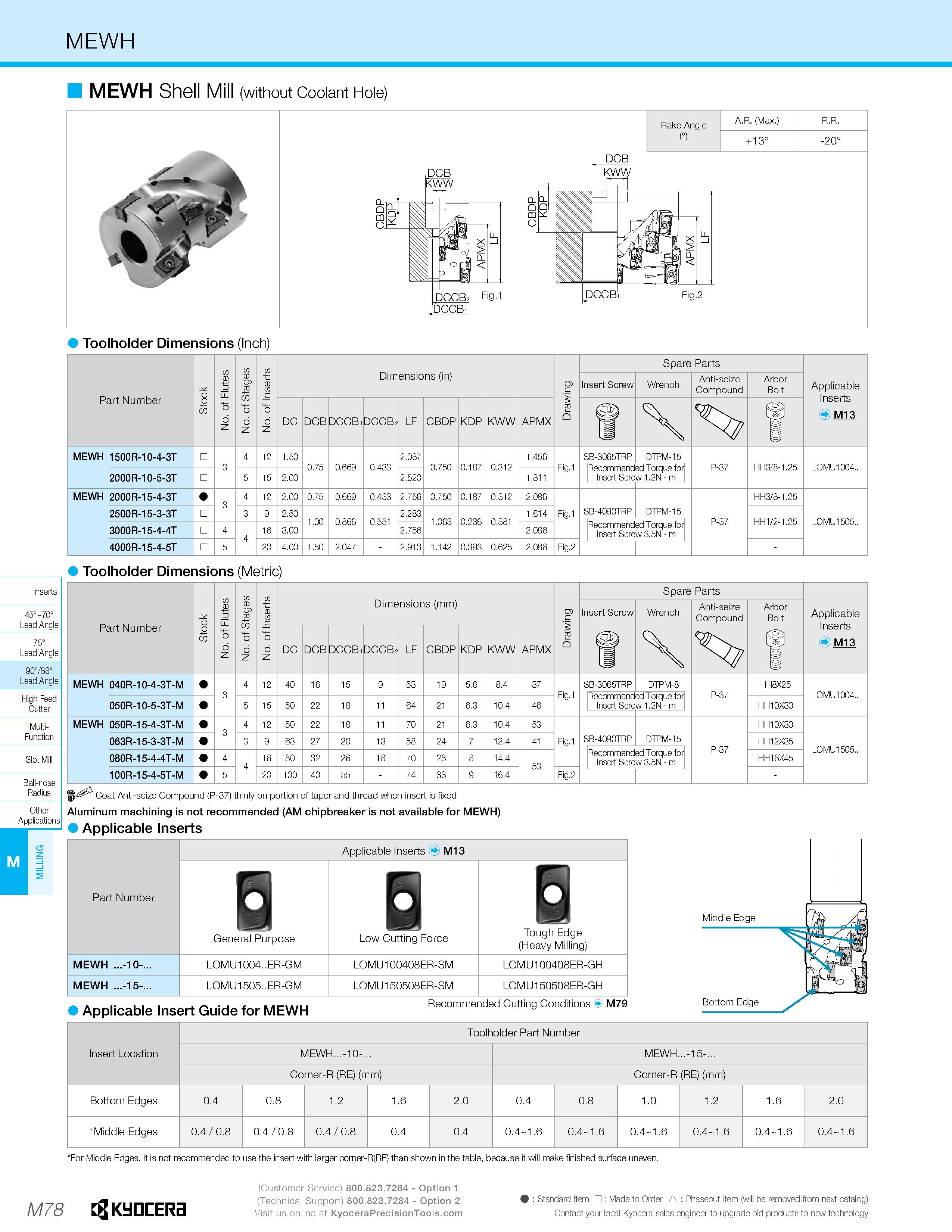 1048 MEWH MEWH Shell Mill (without Coolant Hole) A R (Max ) +13° Rake Angle n Toolholder Dimensions (Inch) Part Number Stock No of Flutes No of Stages Каталог KYOCERA 2019 Инструмент для металлообработки Сверла по металлу для станков из твердого сплава Токарные державки со сменными пластинами Корпусные фрезы с СМП Запасные части Стр. M78