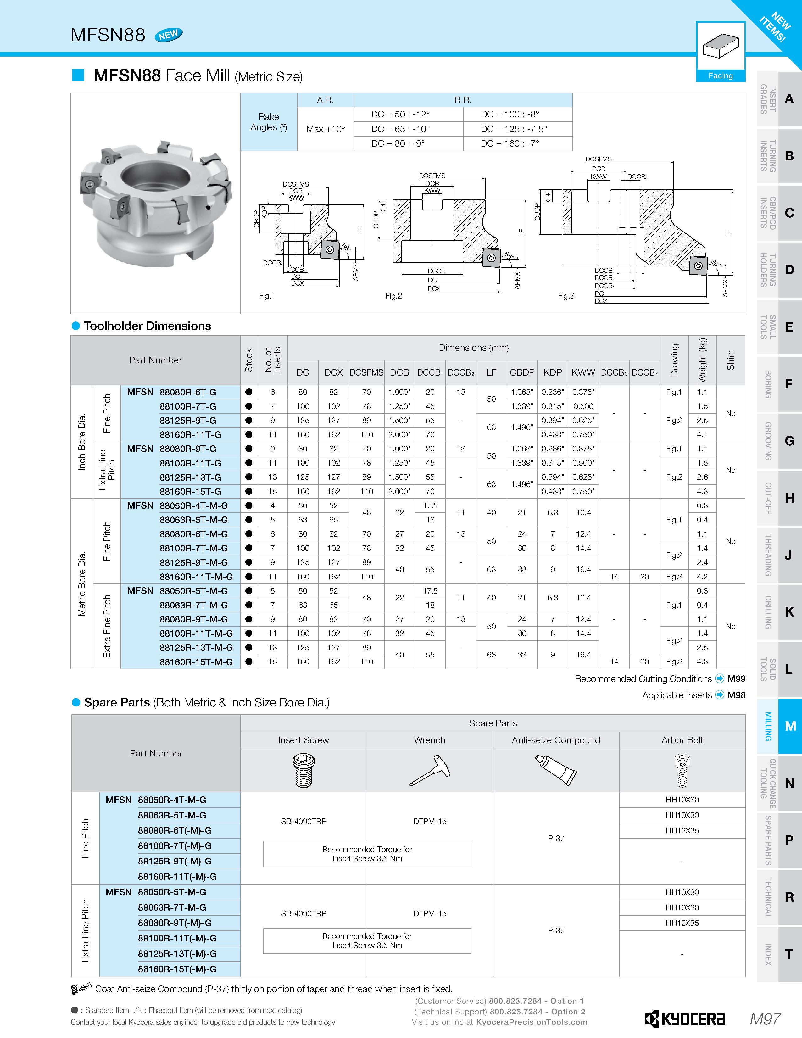 1067 MFSN88 Face (Metric Size) A R R R Rake DC = 50 : -12“ DC = 100 : -8“ Angles (°) Max+10° DC = 63 : -10“ DC = 125 : -7 5“ DC = 80 : -9“ DC = 160 : Каталог KYOCERA 2019 Инструмент для металлообработки Сверла по металлу для станков из твердого сплава Токарные державки со сменными пластинами Корпусные фрезы с СМП Запасные части Стр. M97