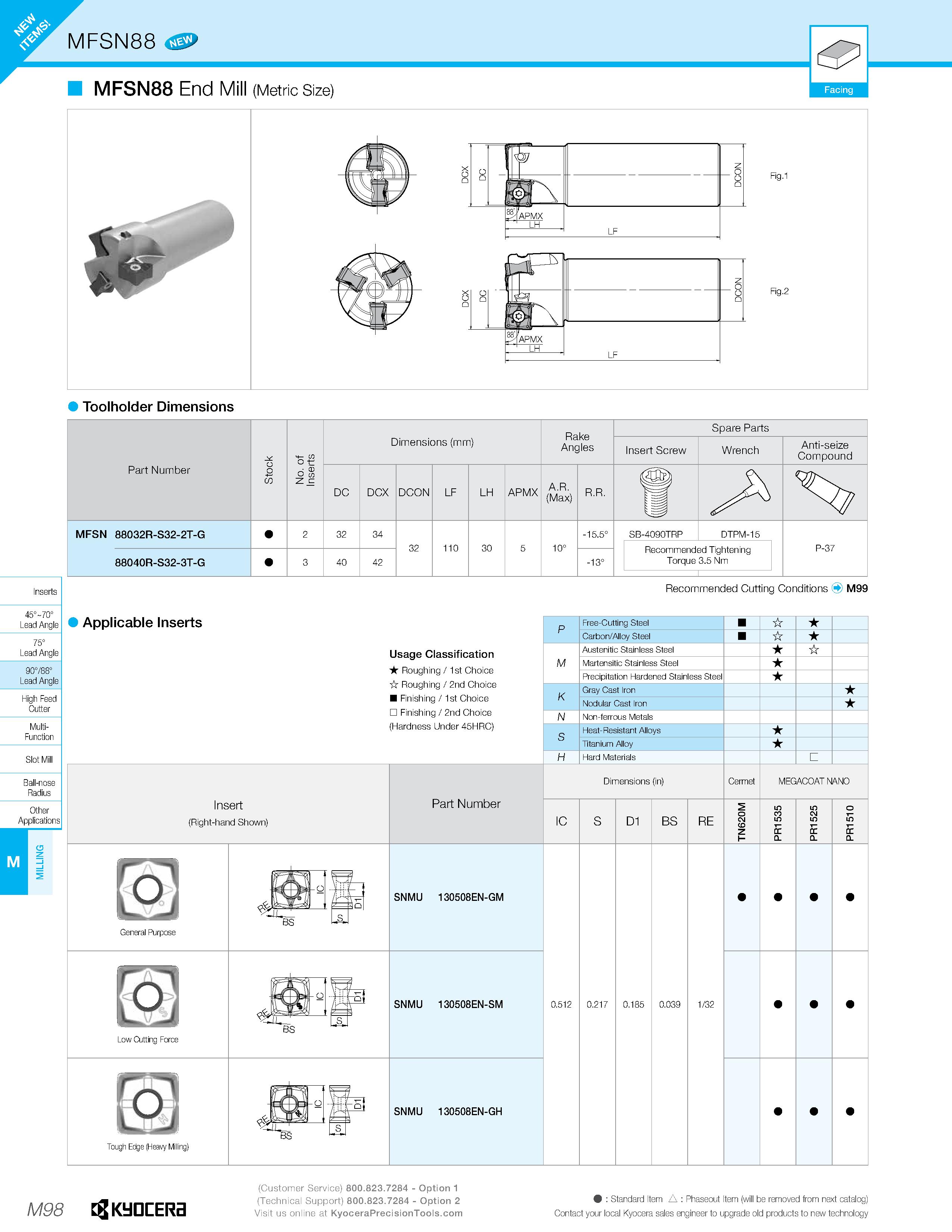 1068 M MFSN88 MFSN88 End Mill (Metric Size) Toolholder Dimensions Inserts 45°-70° Lead Angle 75° Lead Angle 90788° Lead Angle High Feed Cutter Multi- Каталог KYOCERA 2019 Инструмент для металлообработки Сверла по металлу для станков из твердого сплава Токарные державки со сменными пластинами Корпусные фрезы с СМП Запасные части Стр. M98