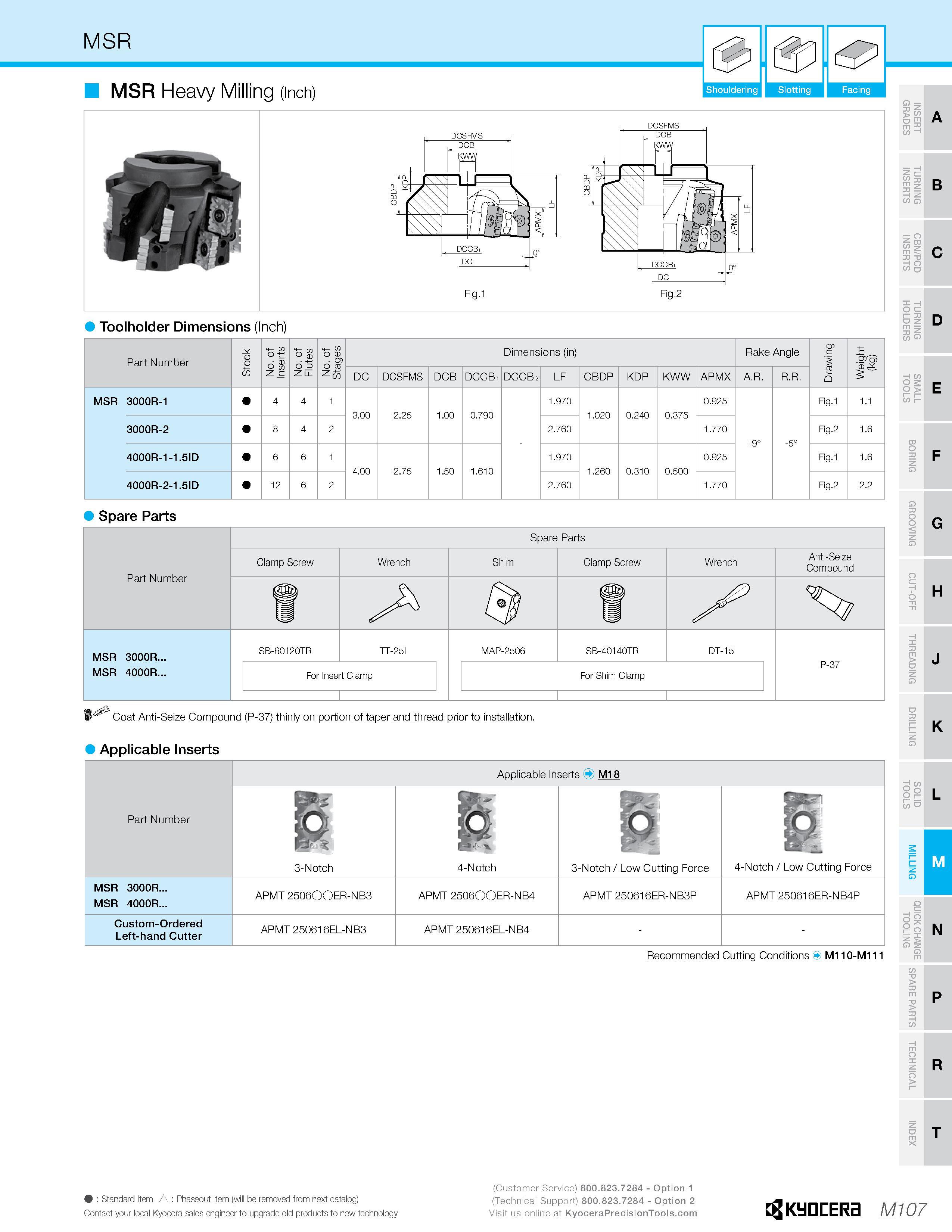 1077 MSR MSR Heavy Milling (Inch) Shouldering I Slotting I Facing Fig 1 Fig 2 Toolholder Dimensions (Inch) Part Number Stock No of Inserts No of Flute Каталог KYOCERA 2019 Инструмент для металлообработки Сверла по металлу для станков из твердого сплава Токарные державки со сменными пластинами Корпусные фрезы с СМП Запасные части Стр. M107