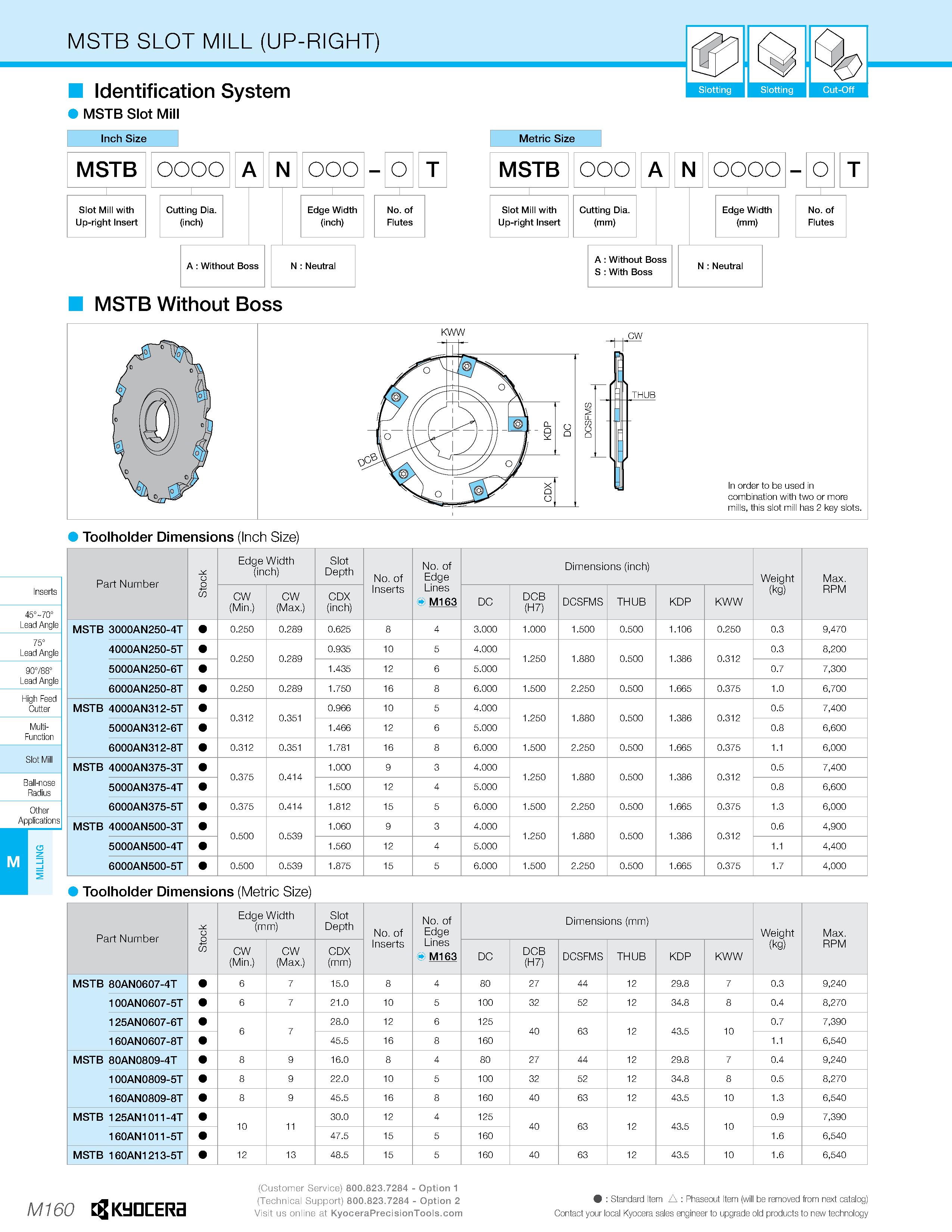 1130 MSTB SLOT MILL (UP-RIGHT) Identification System MSTB Slot Mill Inch Size Slotting I Slotting I Cut-Off Metric Size 45° 70° Lead Angle 75° Lead An Каталог KYOCERA 2019 Инструмент для металлообработки Сверла по металлу для станков из твердого сплава Токарные державки со сменными пластинами Корпусные фрезы с СМП Запасные части Стр. M160