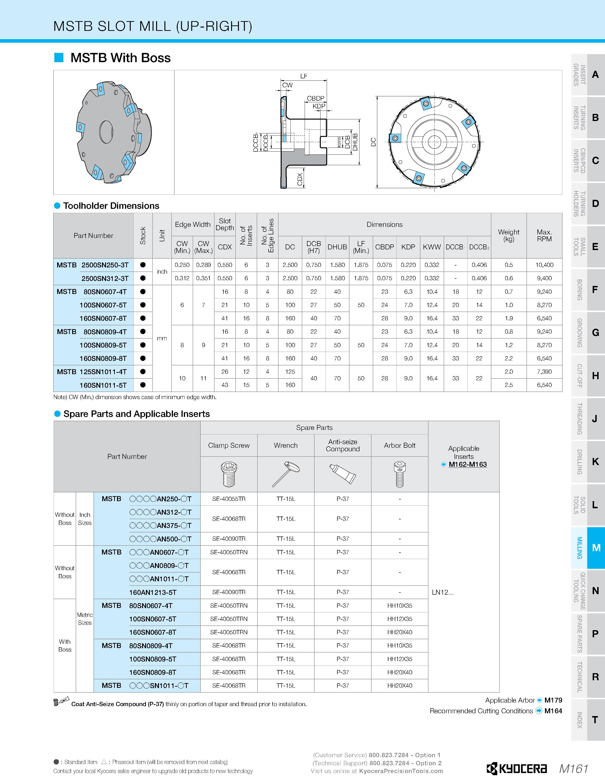 1131 MSTB SLOT MILL (UP-RIGHT) MSTB With Boss Toolholder Dimensions Stock Unit Edge Width Slot Depth No of Inserts No of Edge Lines Dimensions Weight Каталог KYOCERA 2019 Инструмент для металлообработки Сверла по металлу для станков из твердого сплава Токарные державки со сменными пластинами Корпусные фрезы с СМП Запасные части Стр. M161