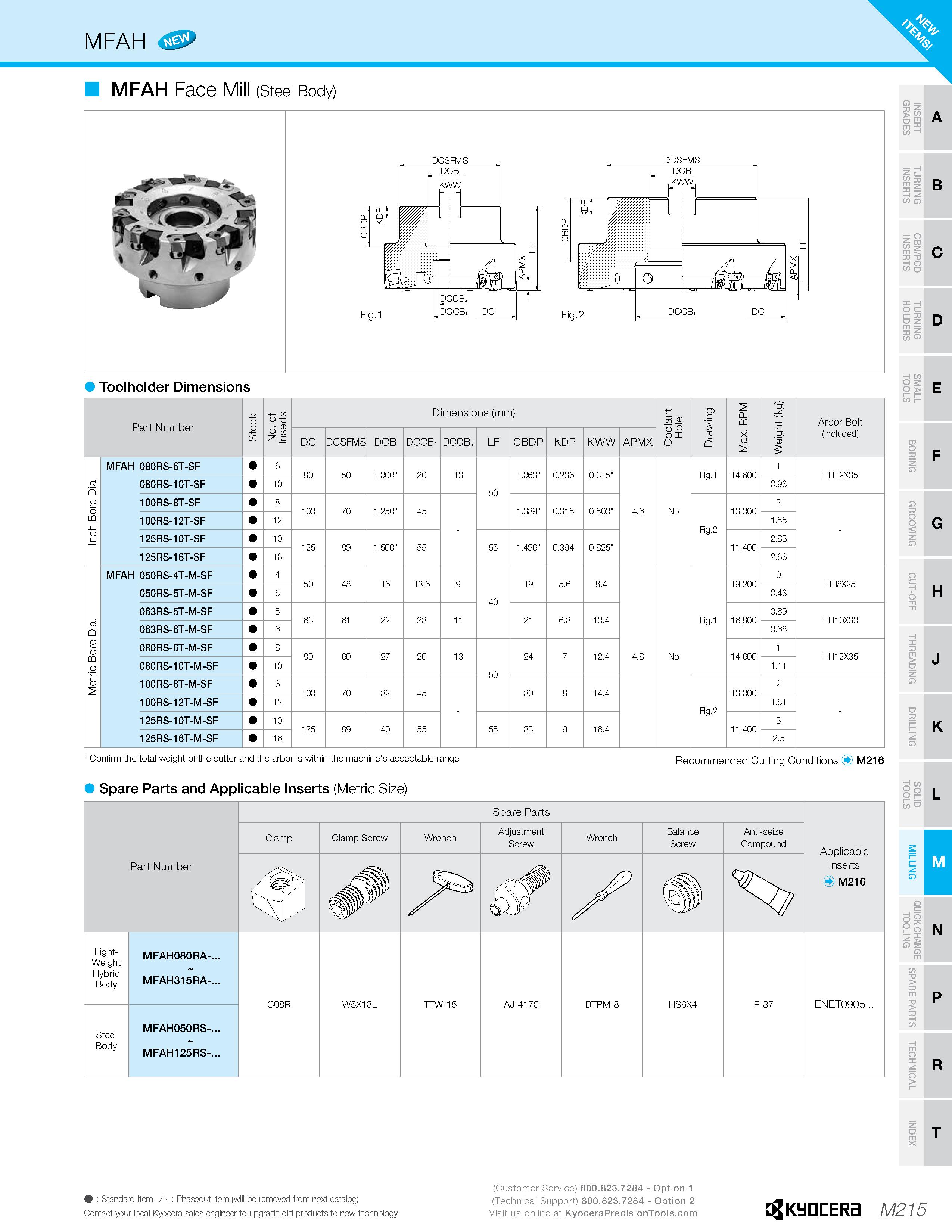 1185 MFAH MFAH Face (Steel Body) 3 C/> Q O CZ I- 33 C3 m = W C5 o 33 z Q B Toolholder Dimensions Part Number o No of Inserts Dimensions (mm) CD CL OC Каталог KYOCERA 2019 Инструмент для металлообработки Сверла по металлу для станков из твердого сплава Токарные державки со сменными пластинами Корпусные фрезы с СМП Запасные части Стр. M215