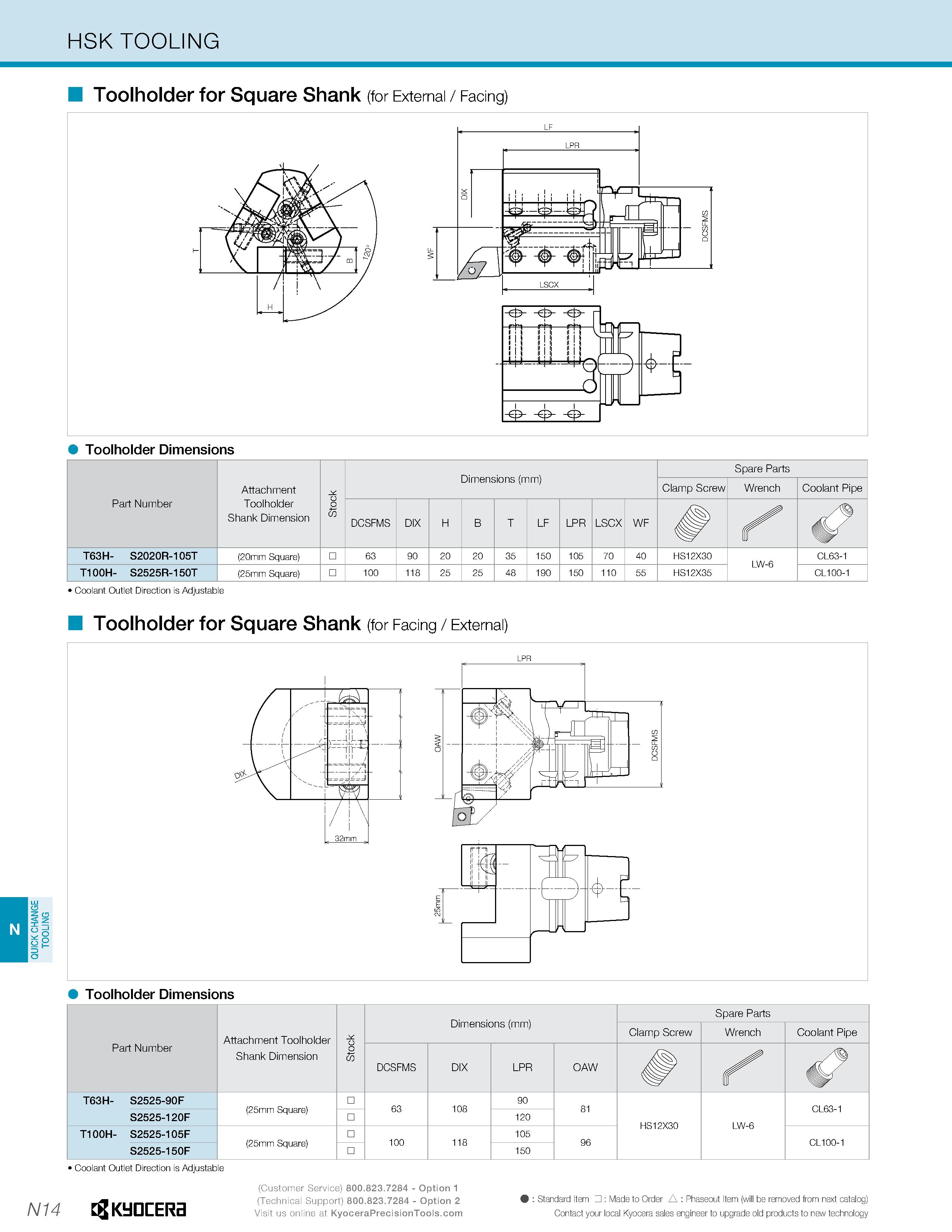 1204 QUICK CHANGE TOOLING HSK TOOLING Toolholder for Square Shank (for External / Facing) Toolholder Dimensions Part Number Attachment Toolholder Shan Каталог KYOCERA 2019 Инструмент для металлообработки Сверла по металлу для станков из твердого сплава Токарные державки со сменными пластинами Корпусные фрезы с СМП Запасные части Стр. N14