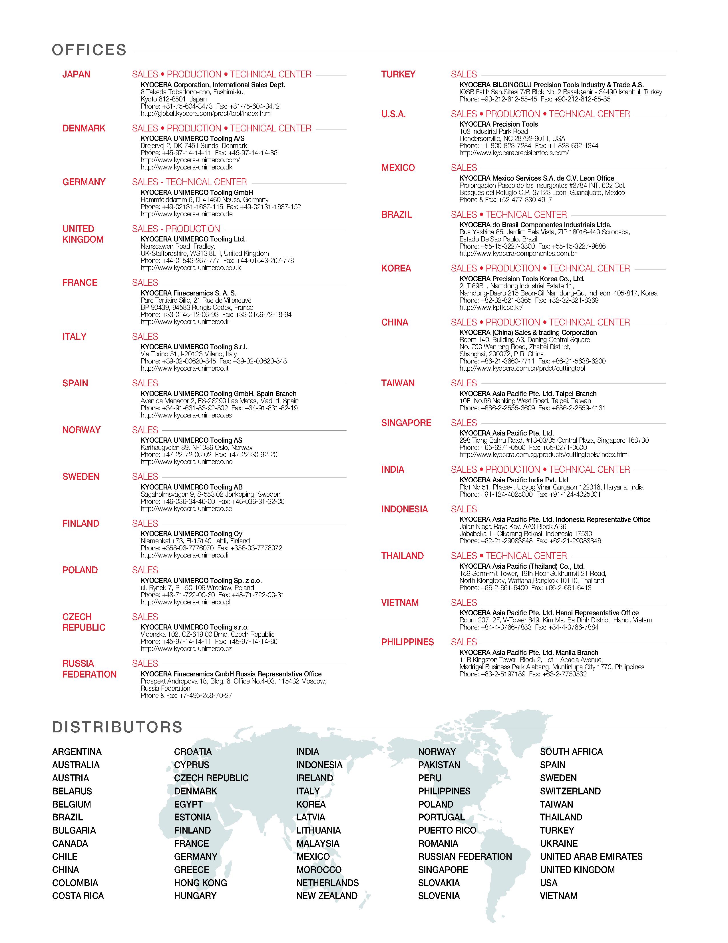1364 OFFICES JAPAN DENMARK GERMANY UNITED KINGDOM FRANCE ITALY SPAIN NORWAY SWEDEN FINLAND POLAND CZECH REPUBLIC RUSSIA FEDERATION SALES PRODUCTION TE Каталог KYOCERA 2019 Инструмент для металлообработки Сверла по металлу для станков из твердого сплава Токарные державки со сменными пластинами Корпусные фрезы с СМП Запасные части Стр. 
