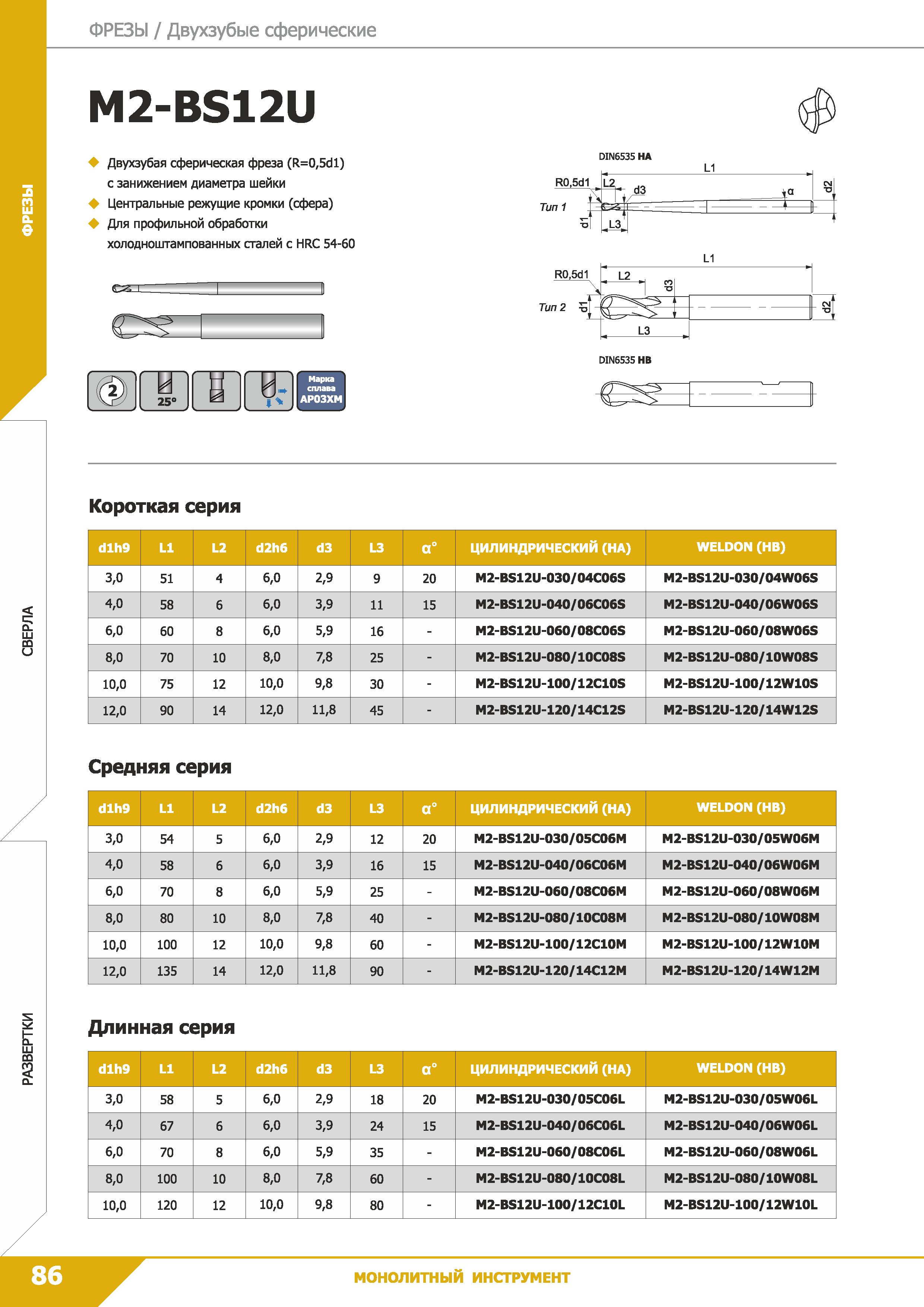 88 Фрезы Двухзубые сферические M2-BS12U Двухзубая сферическая фреза (R=0,5dl) с занижением диаметра шейки Центральные режущие кромки (сфера) Для про Каталог КЗТС 2019 Монолитный инструмент по металлу Концевые твердосплавные фрезы Сверла спиральные из твердого сплава Развертки для обработки отверстий Стр. 86
