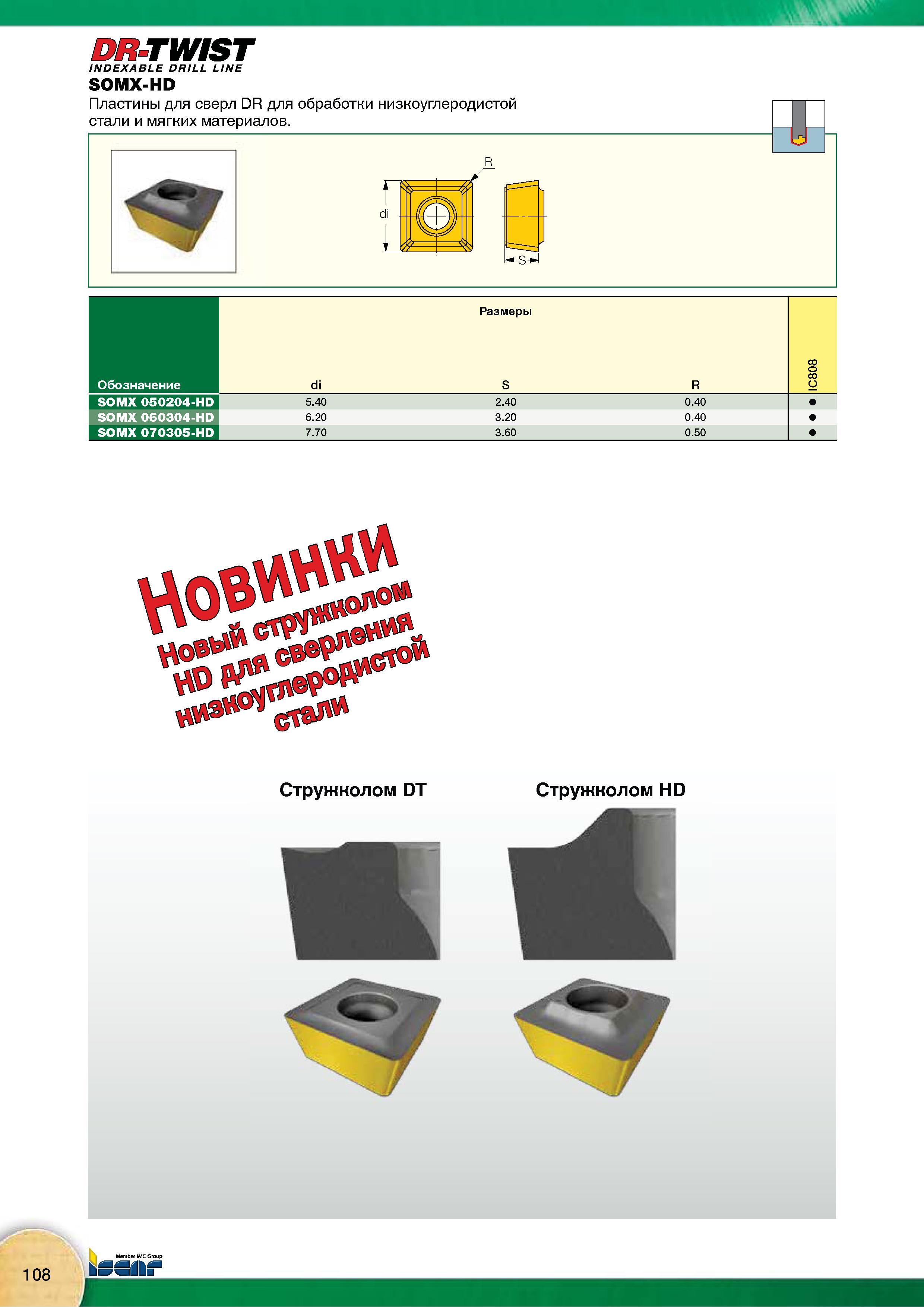 110 Пластины твердосплавные сменные Iscar SOMX-HD для сверл DR для обработки низкоуглеродистой стали и мягких материалов Обозначение Размеры Каталог Каталог ISCAR 2015 Новая продукция для металлообработки Металлорежущий инструмент и оснастка Резцы Фрезы Сверла Сменные режущие пластины для обрабатывающих станков Стр. 108