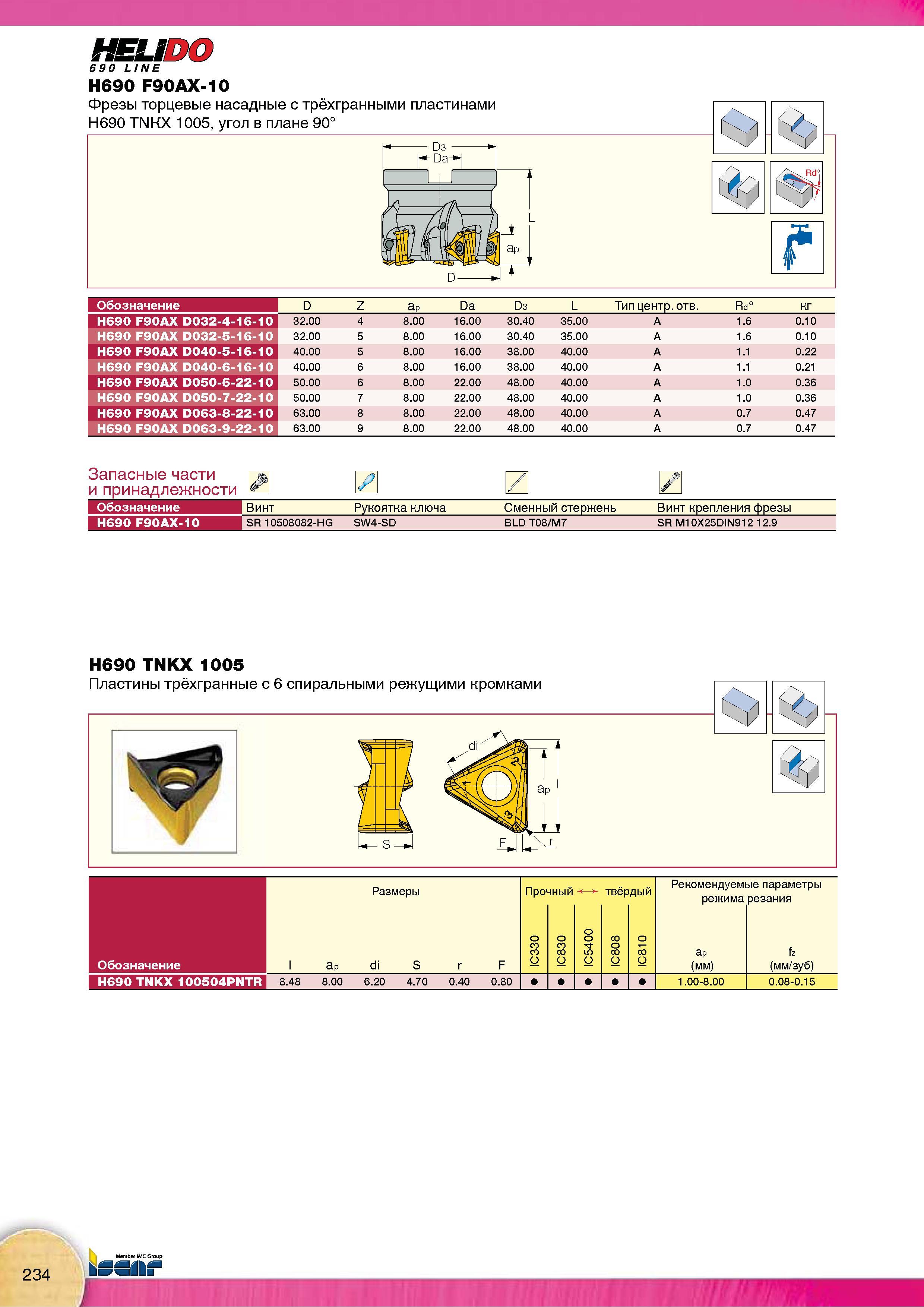 236 Фрезы Iscar 690 LINE H690 F90AX-10 Обозначение Эскиз с основными размерами Области применения фрезерного инструмента Комплектующие Каталог Каталог ISCAR 2015 Новая продукция для металлообработки Металлорежущий инструмент и оснастка Резцы Фрезы Сверла Сменные режущие пластины для обрабатывающих станков Стр. 234