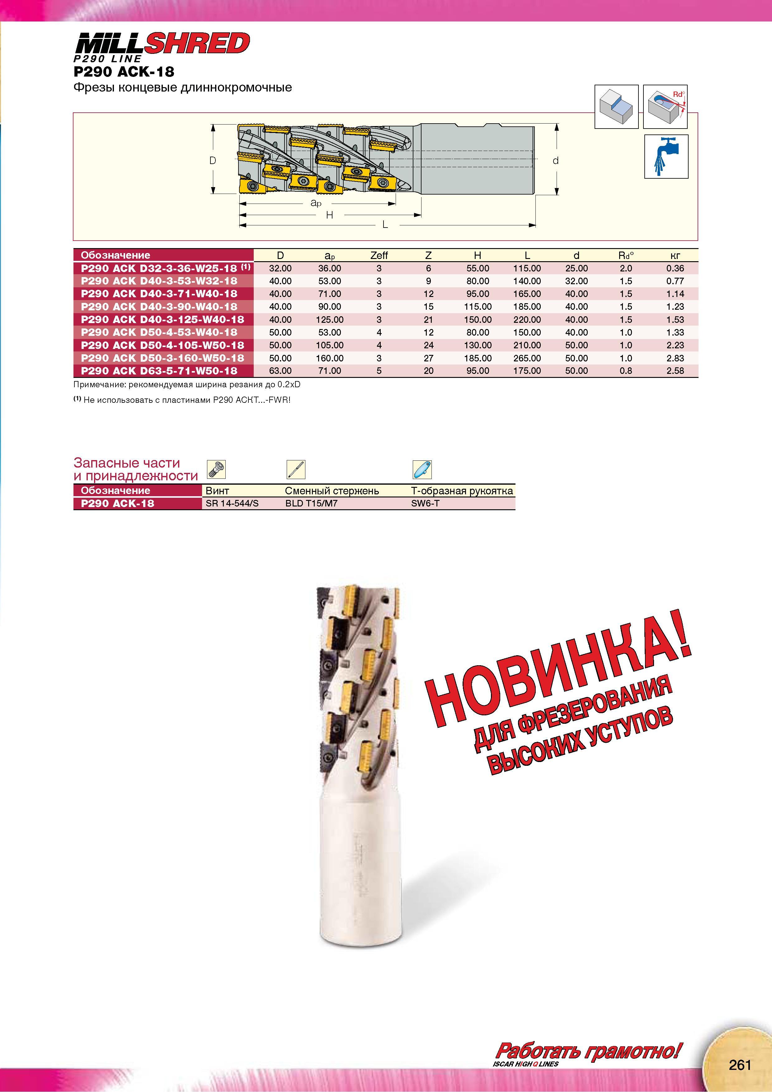263 Фрезы Iscar концевые длиннокромочные P290 ACK-18 MILLSHRED P290 LINE для высокопроизводительного фрезерования глубоких пазов в заготовках из металлов и сплавов Каталог Каталог ISCAR 2015 Новая продукция для металлообработки Металлорежущий инструмент и оснастка Резцы Фрезы Сверла Сменные режущие пластины для обрабатывающих станков Стр. 261