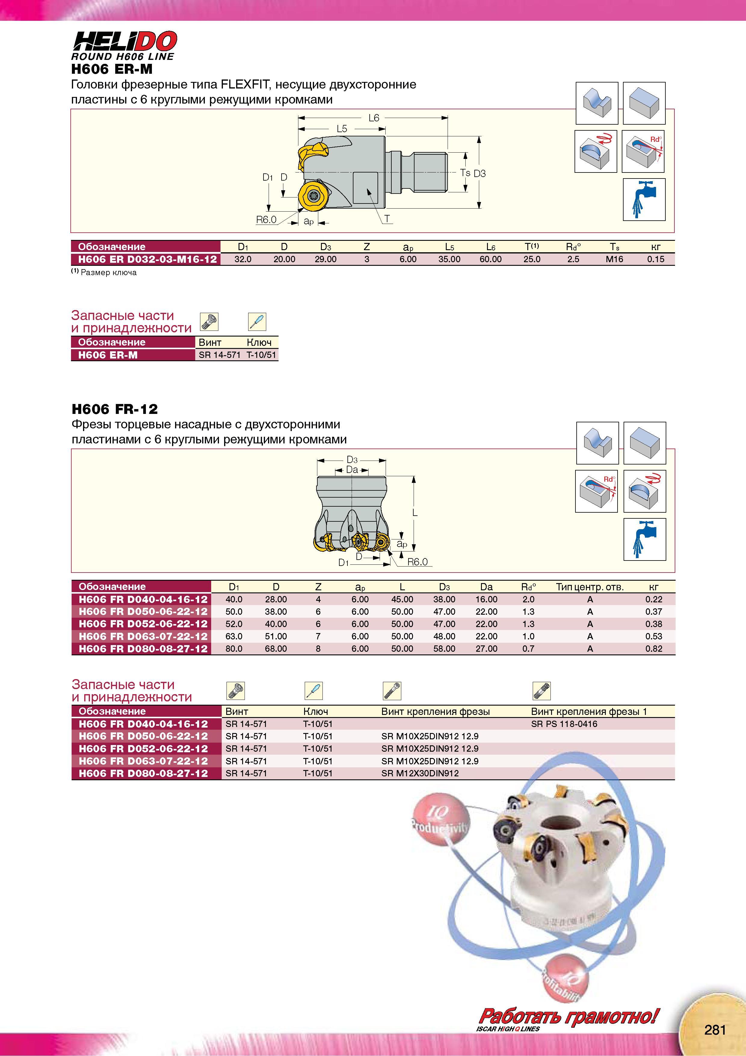 283 Фрезы торцевые насадные Iscar Н606 FR-12 с двухсторонними твердосплавными сменными пластинами с 6 круглыми режущими кромками Запасные части и принадлежности Каталог Каталог ISCAR 2015 Новая продукция для металлообработки Металлорежущий инструмент и оснастка Резцы Фрезы Сверла Сменные режущие пластины для обрабатывающих станков Стр. 281
