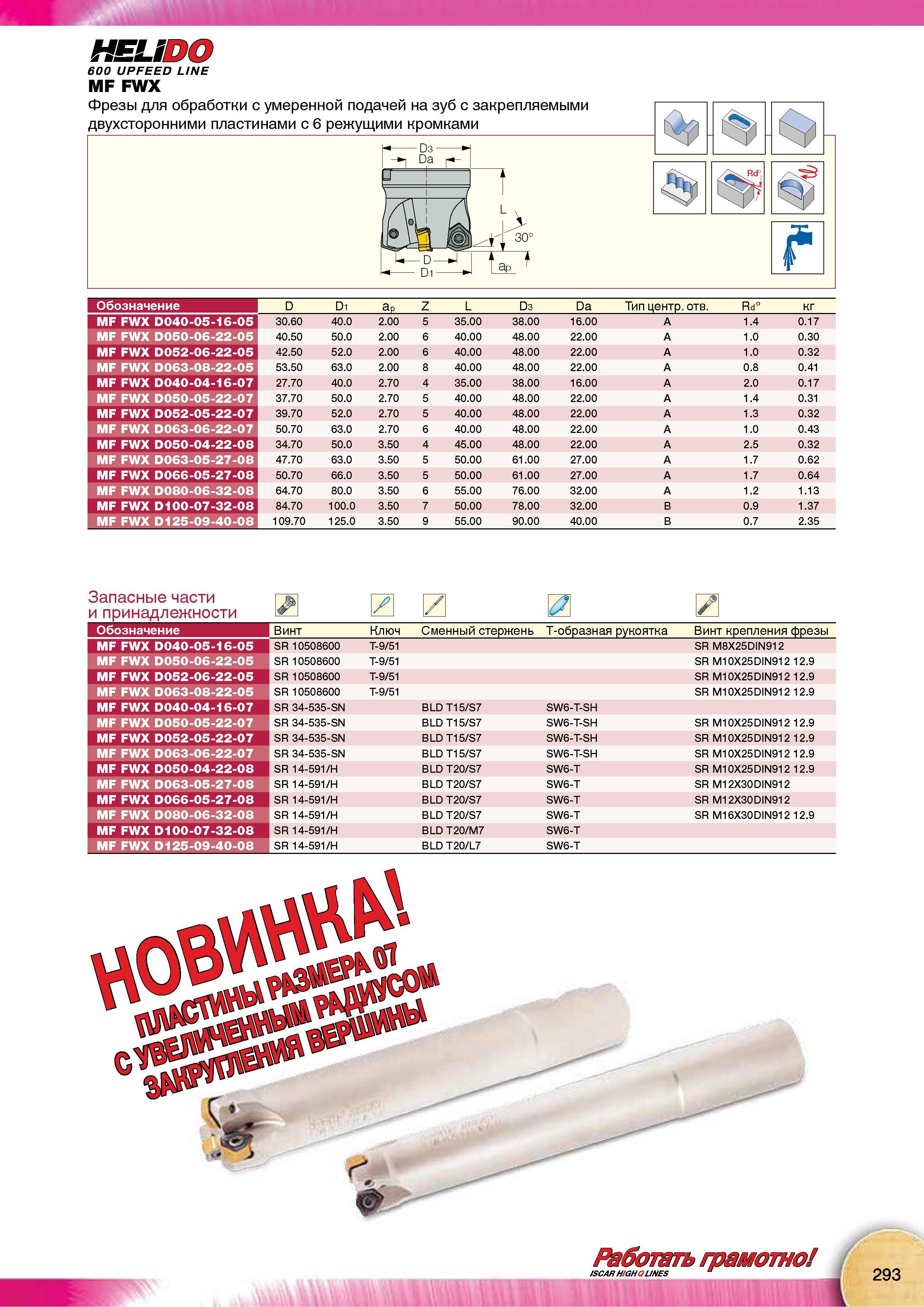 295 Насадные торцевые фрезы Iscar HELIDO 600 UPFEED LINE MF FWX для фрезерной обработки с умеренной подачей на зуб Фрезерный инструмент по металлу из Израиля Каталог Каталог ISCAR 2015 Новая продукция для металлообработки Металлорежущий инструмент и оснастка Резцы Фрезы Сверла Сменные режущие пластины для обрабатывающих станков Стр. 293