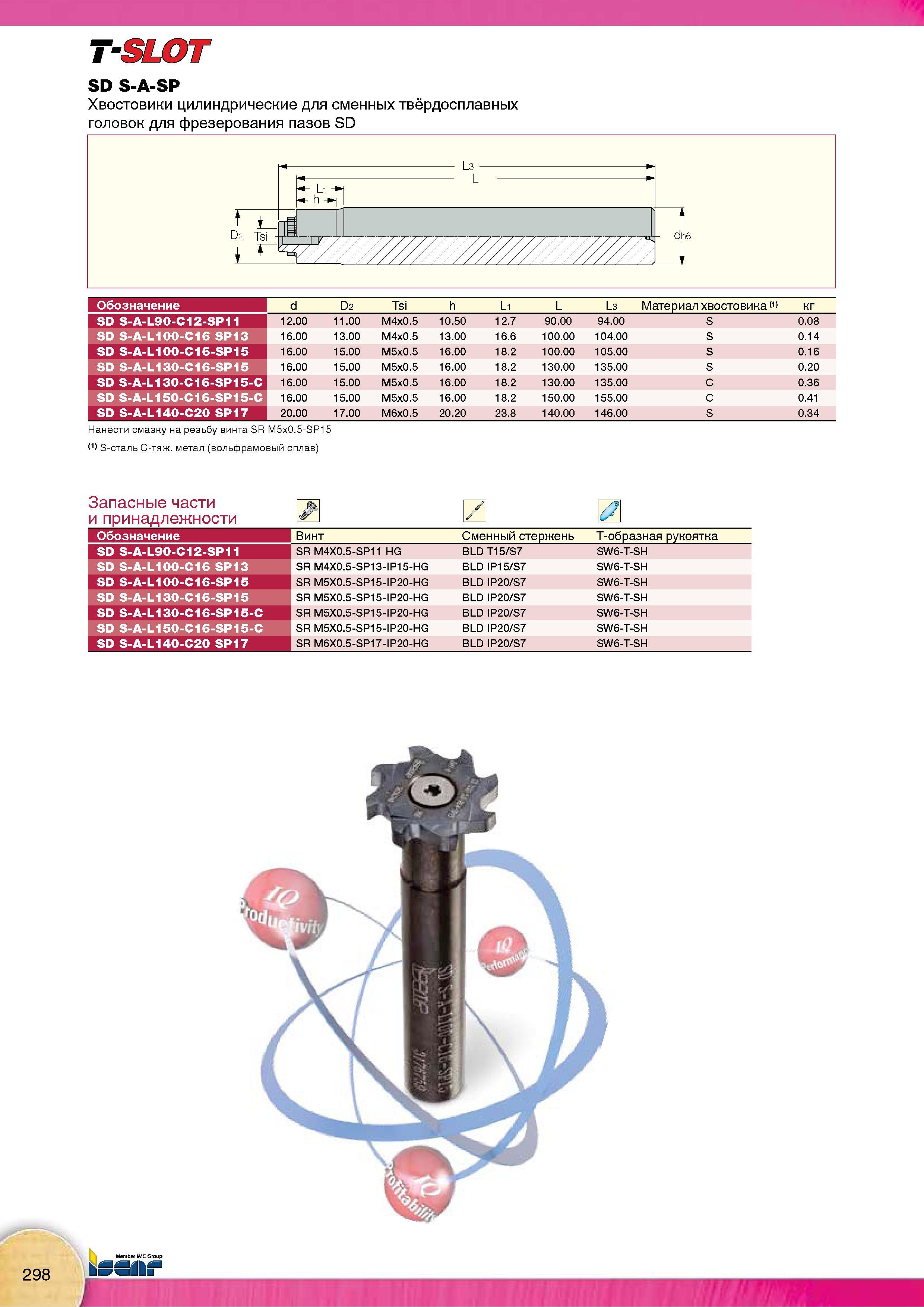 300 Фрезерный инструмент Iscar T-SLOT SD S-A-SP Хвостовики цилиндрические для сменных твёрдосплавных головок для фрезерования пазов Обозначение Материал хвостовика Каталог Каталог ISCAR 2015 Новая продукция для металлообработки Металлорежущий инструмент и оснастка Резцы Фрезы Сверла Сменные режущие пластины для обрабатывающих станков Стр. 298