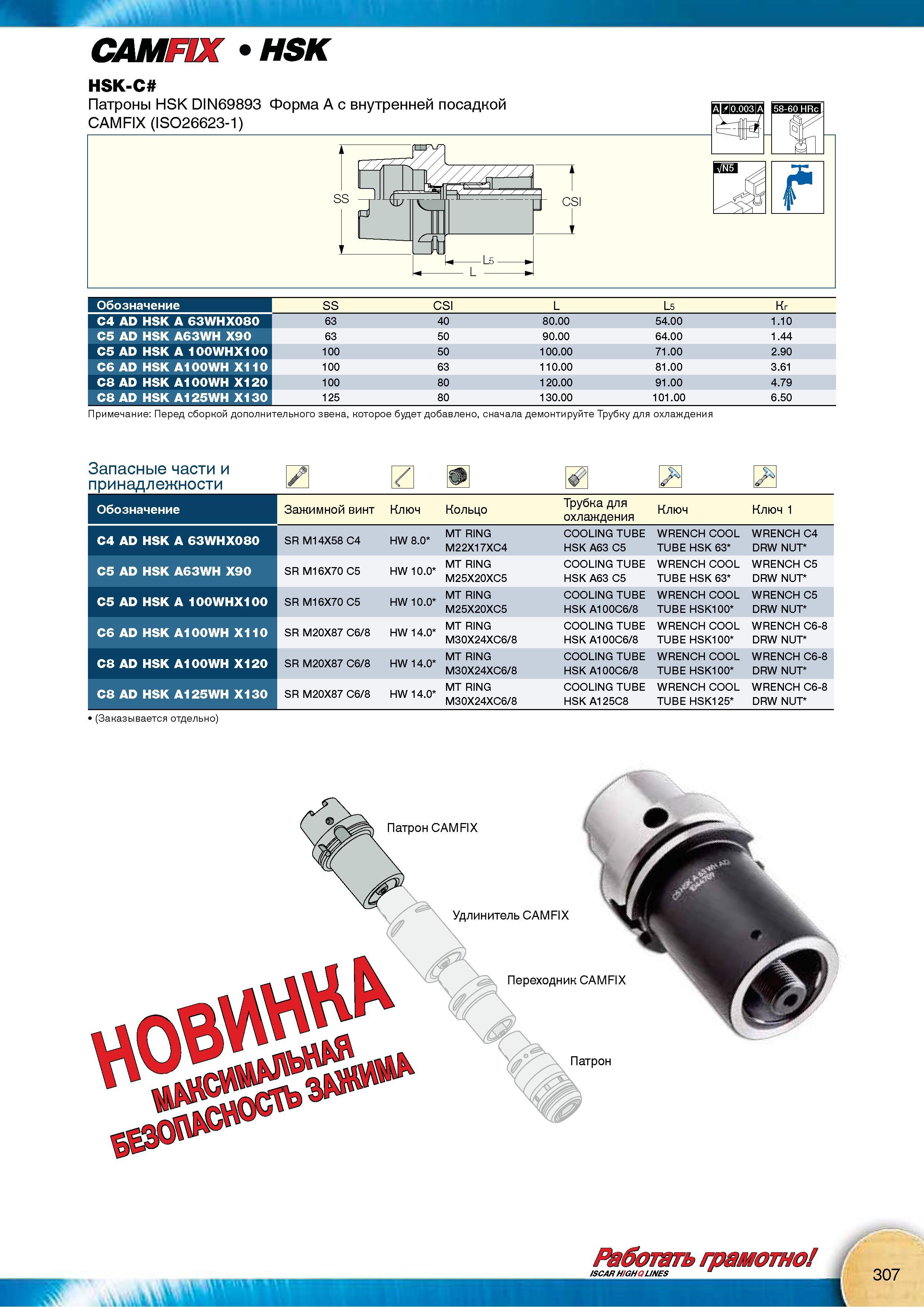 309 Оснастка Iscar HSK-C Перед сборкой дополнительного звена, которое будет добавлено, сначала демонтируйте Трубку для охлаждения Запасные части и принадлежности Каталог Каталог ISCAR 2015 Новая продукция для металлообработки Металлорежущий инструмент и оснастка Резцы Фрезы Сверла Сменные режущие пластины для обрабатывающих станков Стр. 307
