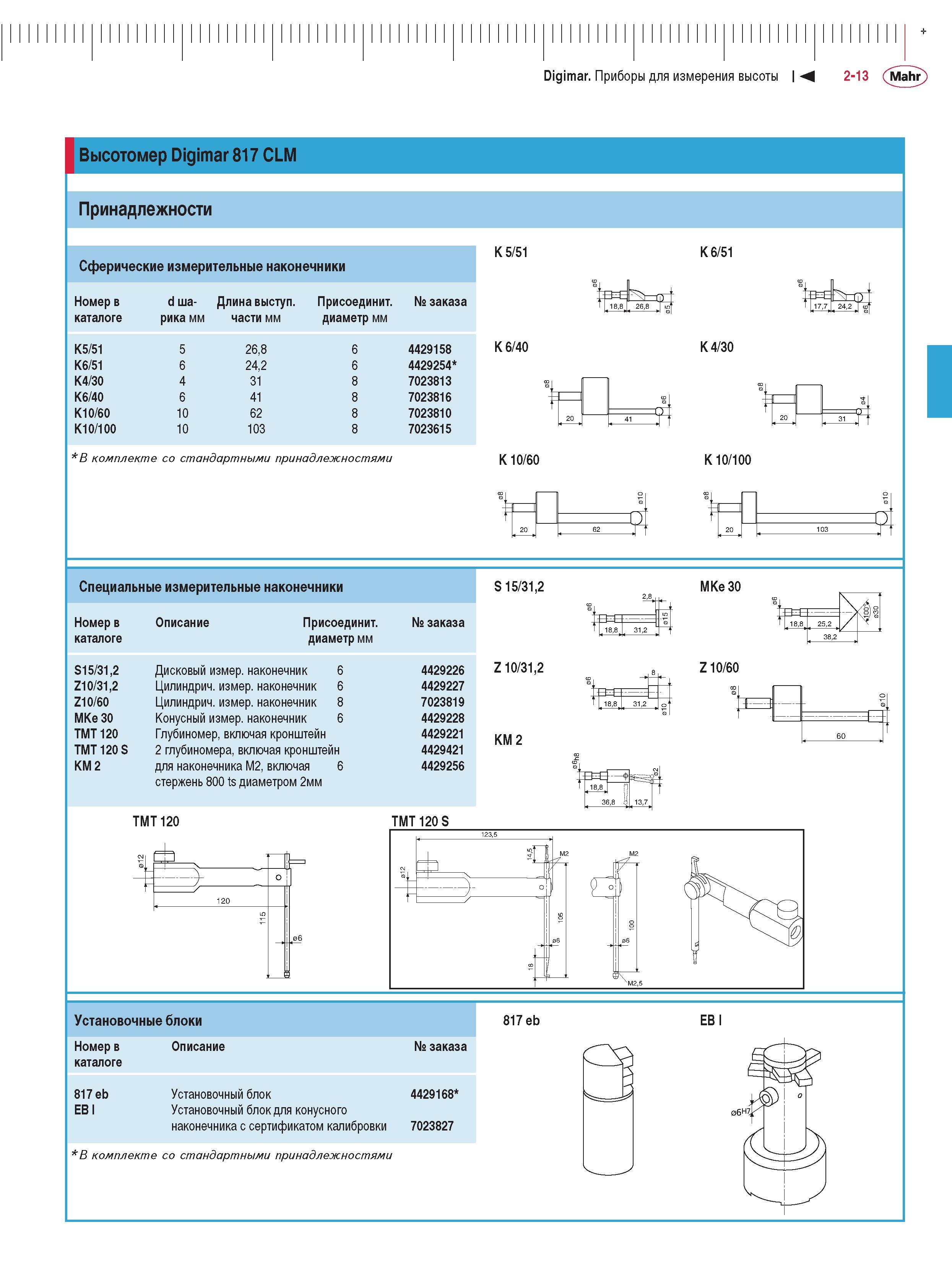 53 Высотомер Digimar 817 CLM Принадлежности Сферические измерительные наконечники K 5 51 K 6 51 Номер в d ша- Длина выступ. Присоединит. заказа каталоге рика мм ча Каталог MAHR 2009 Измерительный инструмент и приборы для линейно-угловых измерений Стр. 2-13