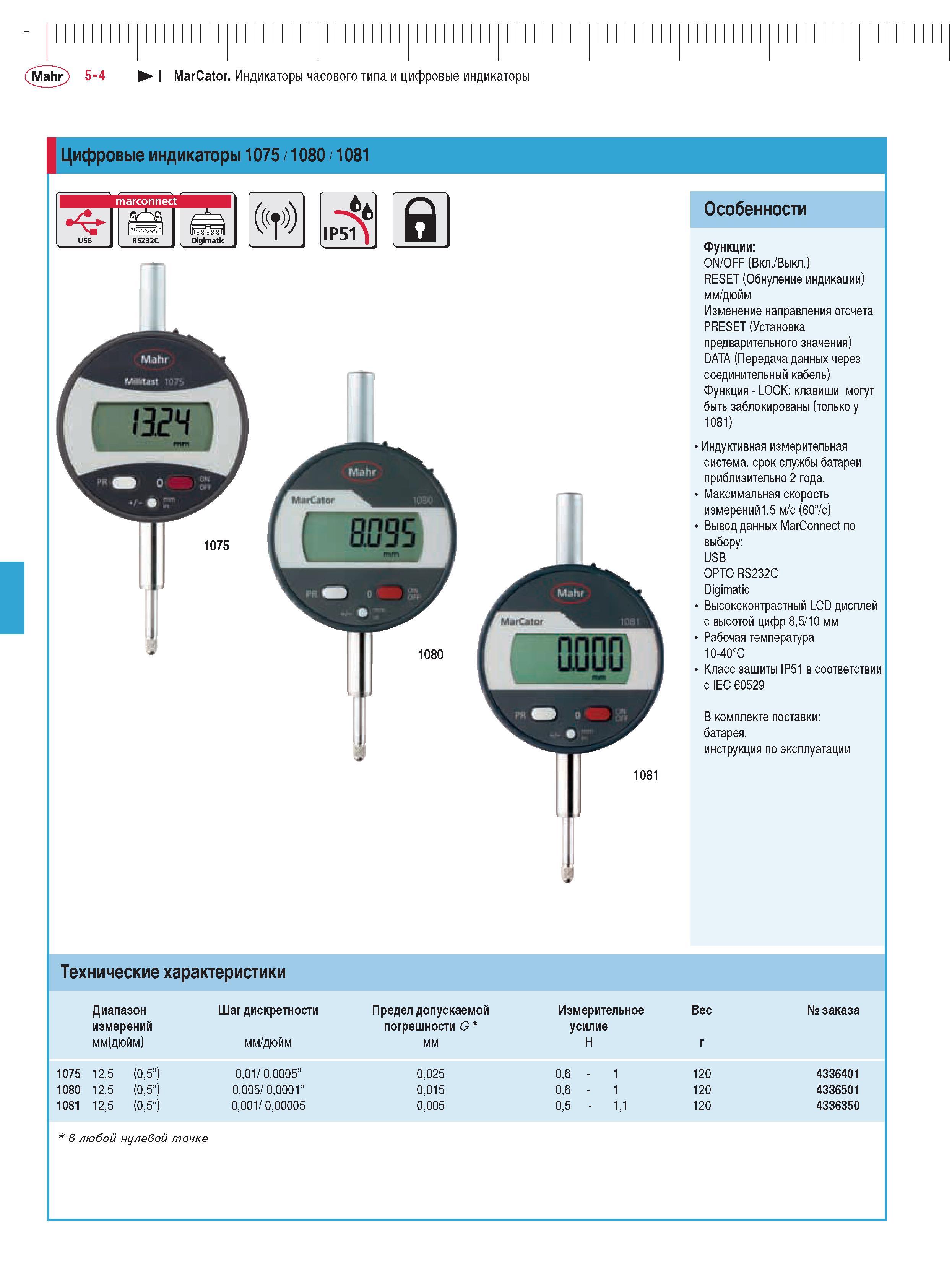 112 Цифровые индикаторы 1075 1080 1081 Особенности Функции ON OFF (Вкл. Выкл.) RESET (Обнуление индикации) мм дюйм Изменение направления отсчета PRESET (Установка п Каталог MAHR 2009 Измерительный инструмент и приборы для линейно-угловых измерений Стр. 5-4