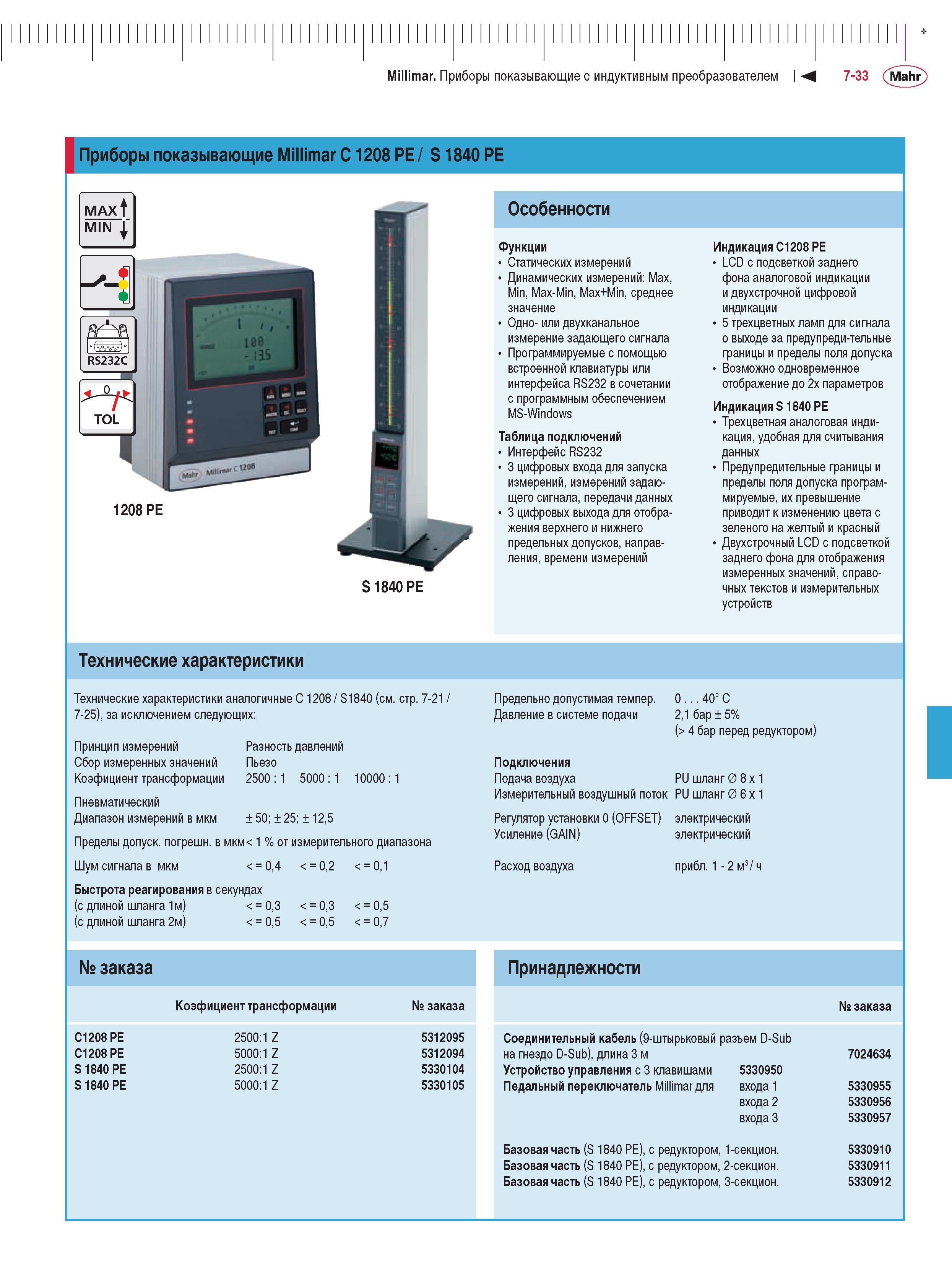 185 Приборы показывающие Millimar C 1208 PE S 1840 PE MAX MIN 1 1 1208 PE Особенности Функции Статических измерений Динамических измерений Max Min Max-Min Max+Min с Каталог MAHR 2009 Измерительный инструмент и приборы для линейно-угловых измерений Стр. 7-33