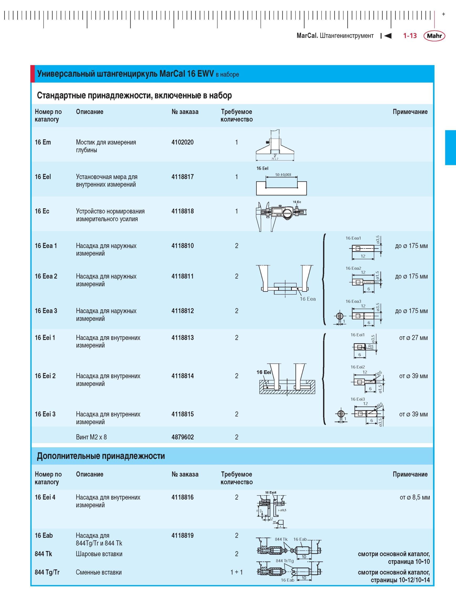 29 Универсальный штангенциркуль MarCal 16 EWV в наборе Стандартные принадлежности включенные в набор № заказа Номер по Описание каталогу 16 E Каталог MAHR 2012 Средства измерений геометрических величин Стр. 1-13