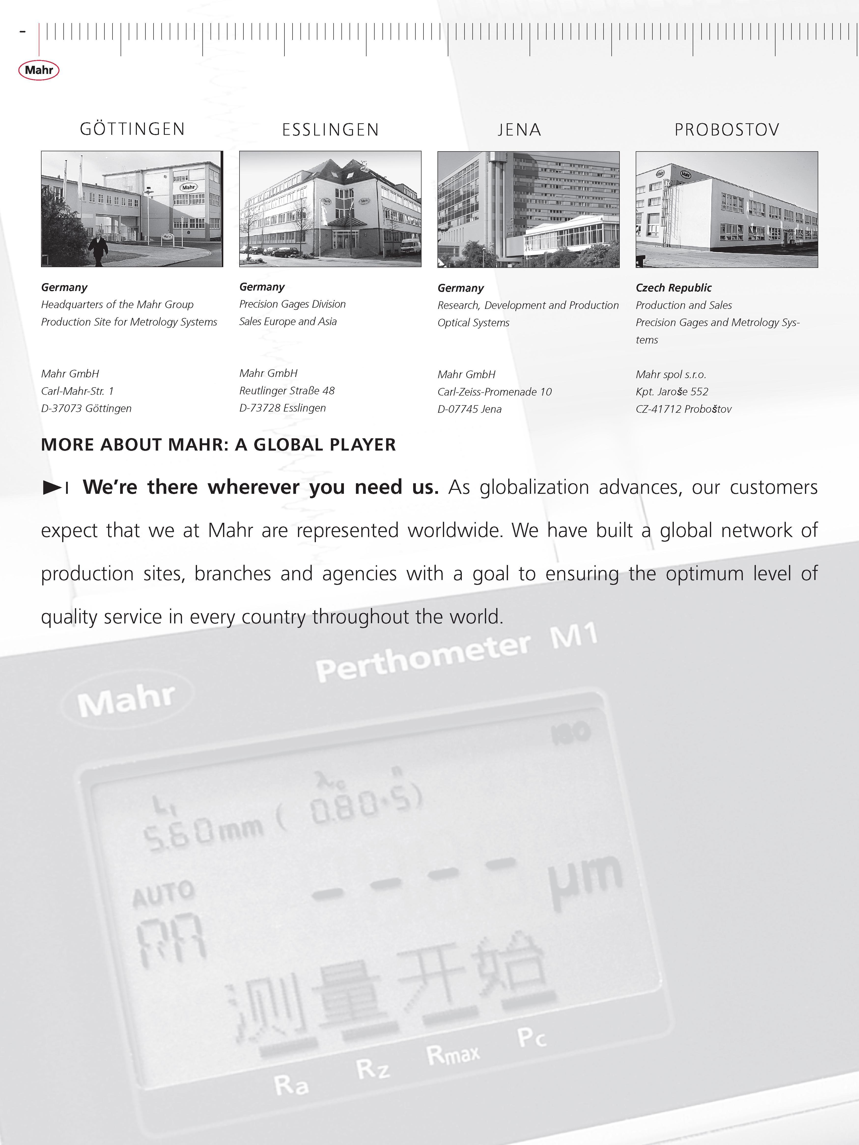 4 Mahr GOTTINGEN ESSLINGEN JENA PROBOSTOV Germany Headquarters of the Mahr Group Production Site for Metrology Systems Germany Precision Gages Di Каталог MAHR 2014 Измерительные инструменты приборы и оборудование для линейно-угловых измерений в машиностроении Стр.  ENG