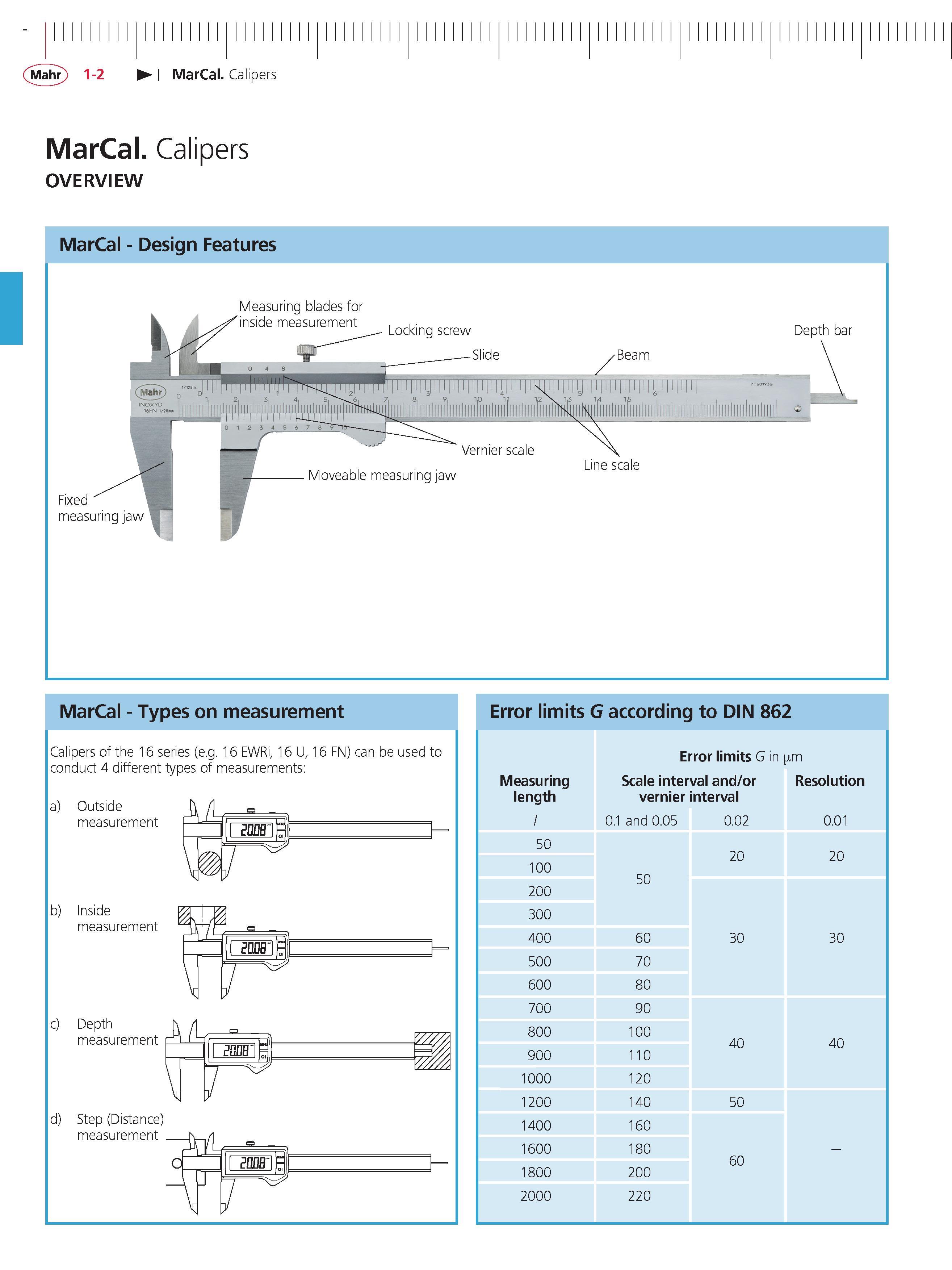 28 Mahr 1-2 MarCal Calipers MarCal Calipers OVERVIEW MarCal - Design Features Measuring blades for 'inside measurement Locking screw Depth bar Lin Каталог MAHR 2014 Измерительные инструменты приборы и оборудование для линейно-угловых измерений в машиностроении Стр. 1-2 ENG