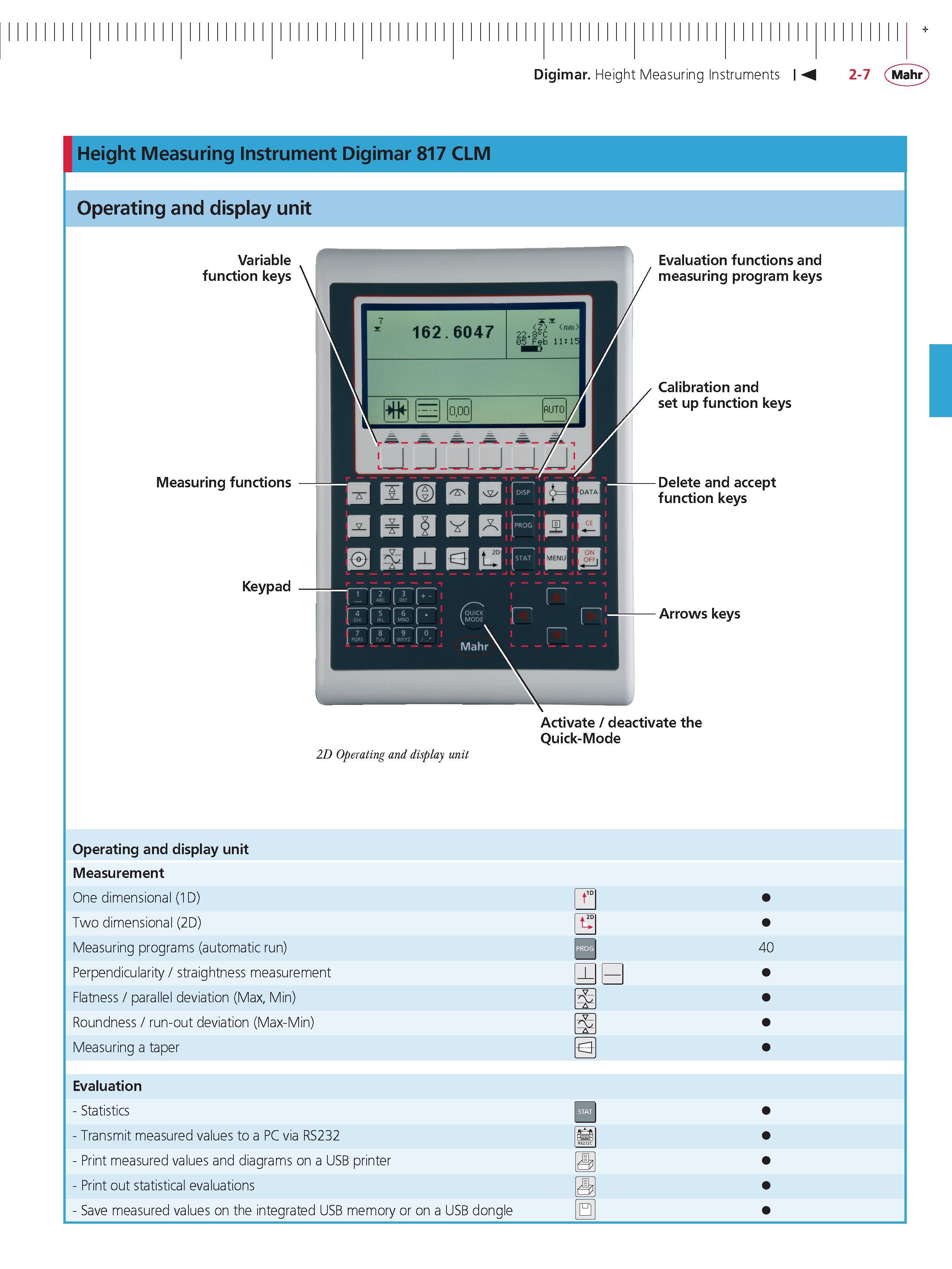 71 Digimar Height Measuring Instruments M 2-7 Mahr + Height Measuring instrument Digimar 817 CLM Operating and display unit variable function keys Каталог MAHR 2014 Измерительные инструменты приборы и оборудование для линейно-угловых измерений в машиностроении Стр. 2-7 ENG