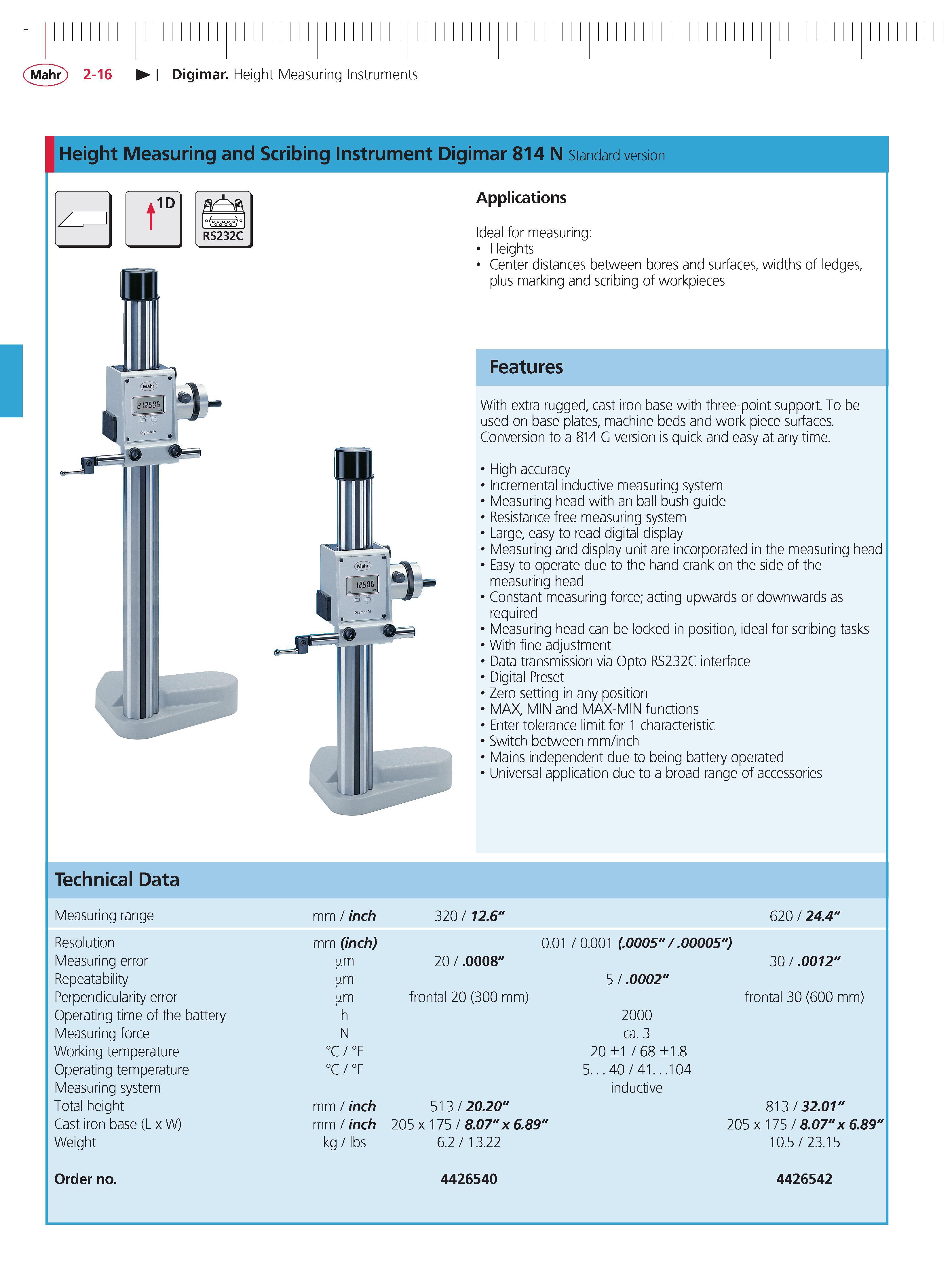 80 Mahr 2-16 Digimar Height Measuring Instruments Height Measuring and Scribing Instrument Digimar 814 N Standard version Applications Ideal for m Каталог MAHR 2014 Измерительные инструменты приборы и оборудование для линейно-угловых измерений в машиностроении Стр. 2-16 ENG