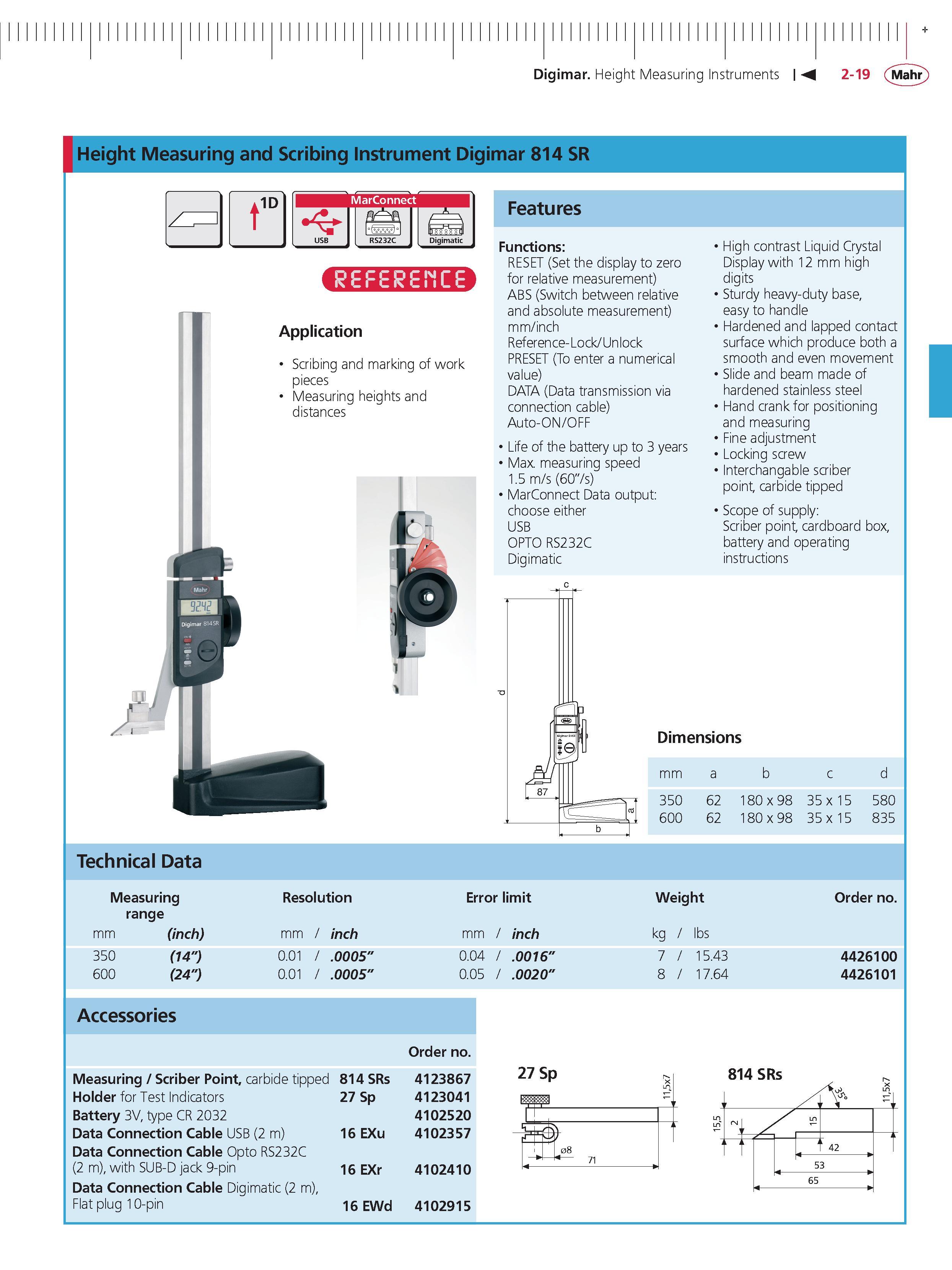 83 Digimar Height Measuring Instruments 2-19 Mahr Height Measuring and Scribing instrument Digimar 814 SR t 1D MarConnect Features Application Scr Каталог MAHR 2014 Измерительные инструменты приборы и оборудование для линейно-угловых измерений в машиностроении Стр. 2-19 ENG