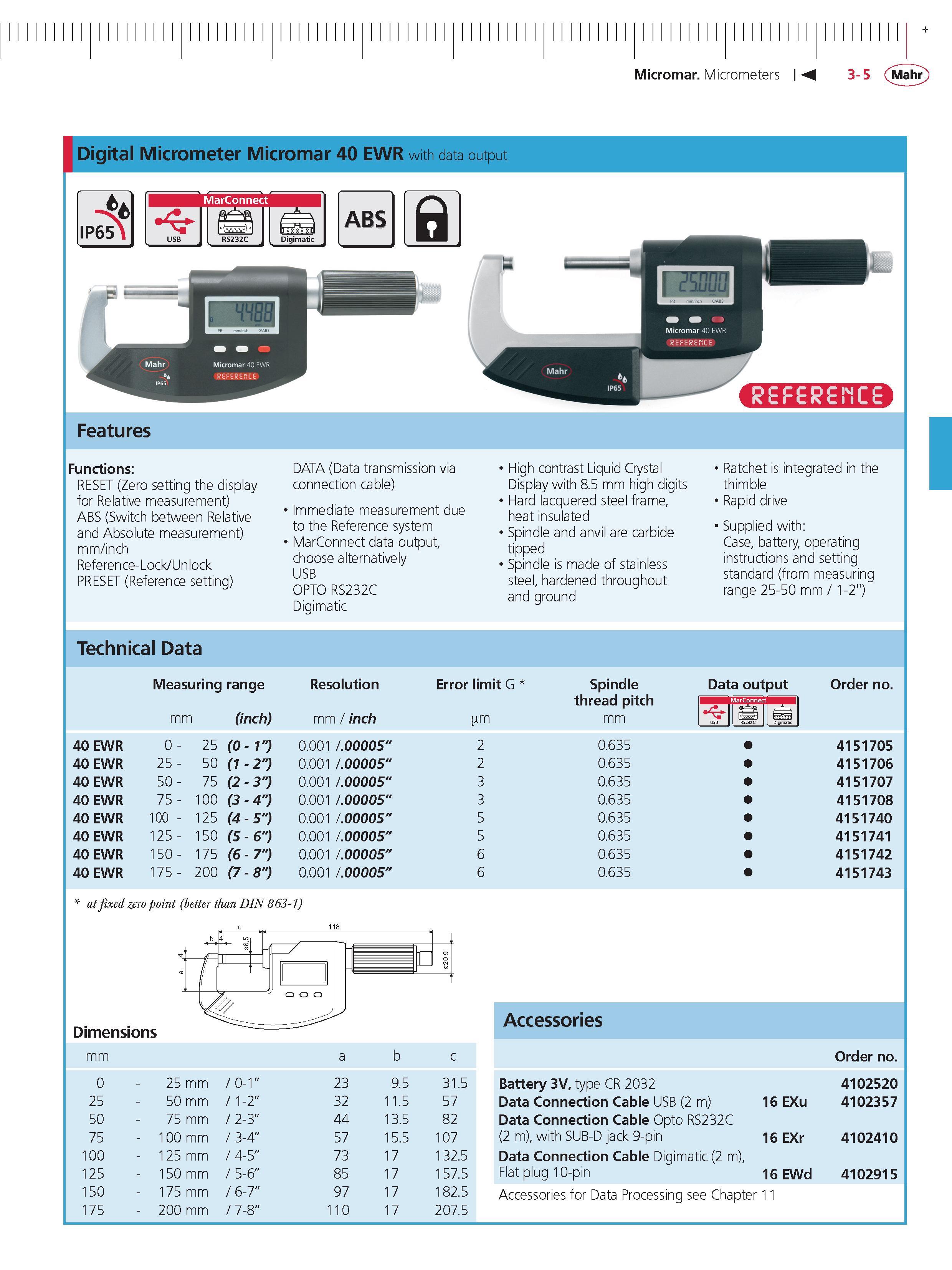 89 Micromar Micrometers M 3-5 Mahr + Digital Micrometer Micromar 40 EWR with data output Features Functions RESET (Zero setting the display for Re Каталог MAHR 2014 Измерительные инструменты приборы и оборудование для линейно-угловых измерений в машиностроении Стр. 3-5 ENG