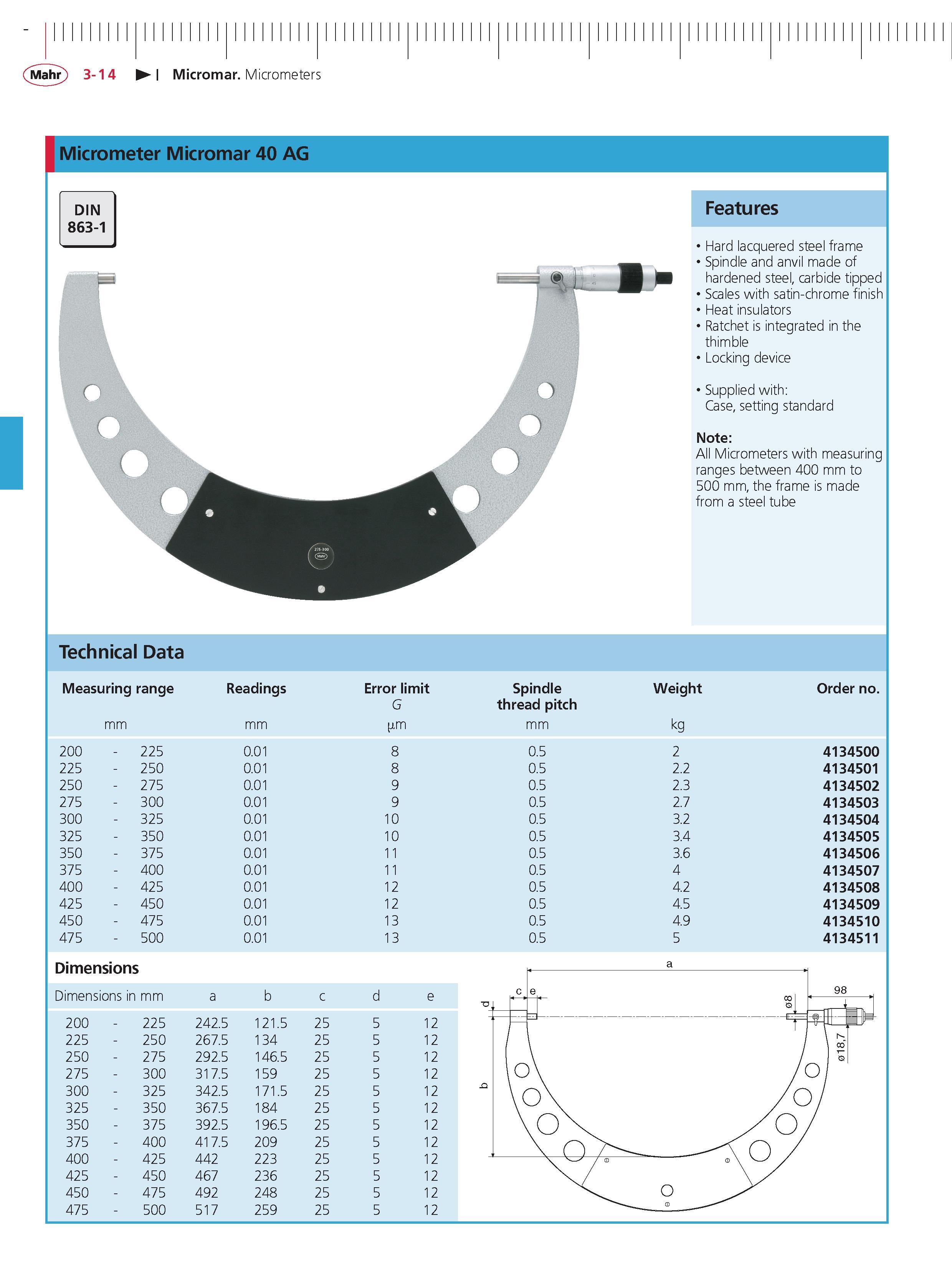98 Mahr 3-14 Micromar Micrometers Micrometer Micromar 40 AG Features Hard lacquered steel frame Spindle and anvil made of hardened steel carbide t Каталог MAHR 2014 Измерительные инструменты приборы и оборудование для линейно-угловых измерений в машиностроении Стр. 3-14 ENG