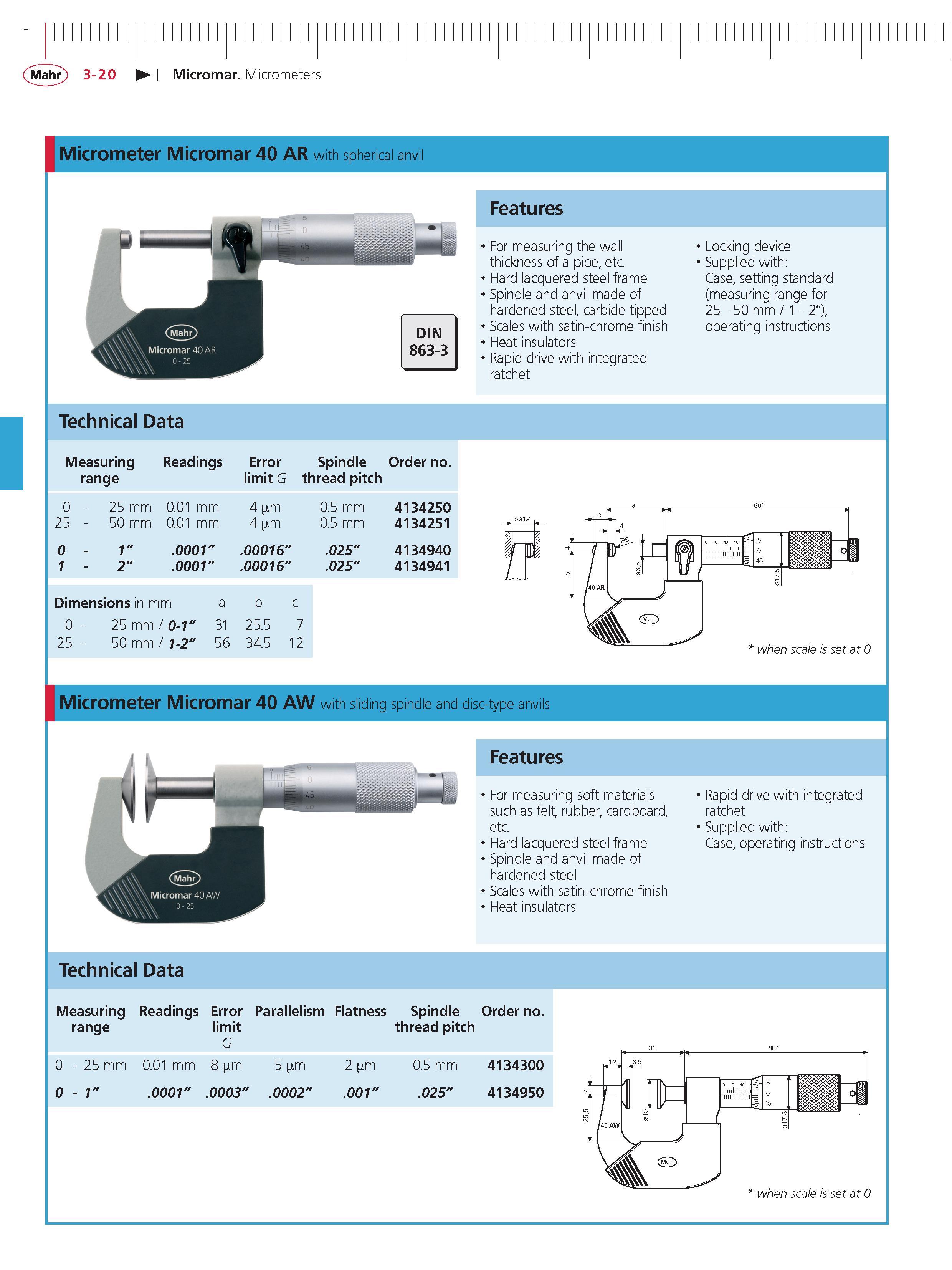 104 Mahr 3-20 Micromar Micrometers Micrometer Micromar 40 AR with spherical anvil Features r V Micromar 40 AR For measuring the wall thickness of a Каталог MAHR 2014 Измерительные инструменты приборы и оборудование для линейно-угловых измерений в машиностроении Стр. 3-20 ENG