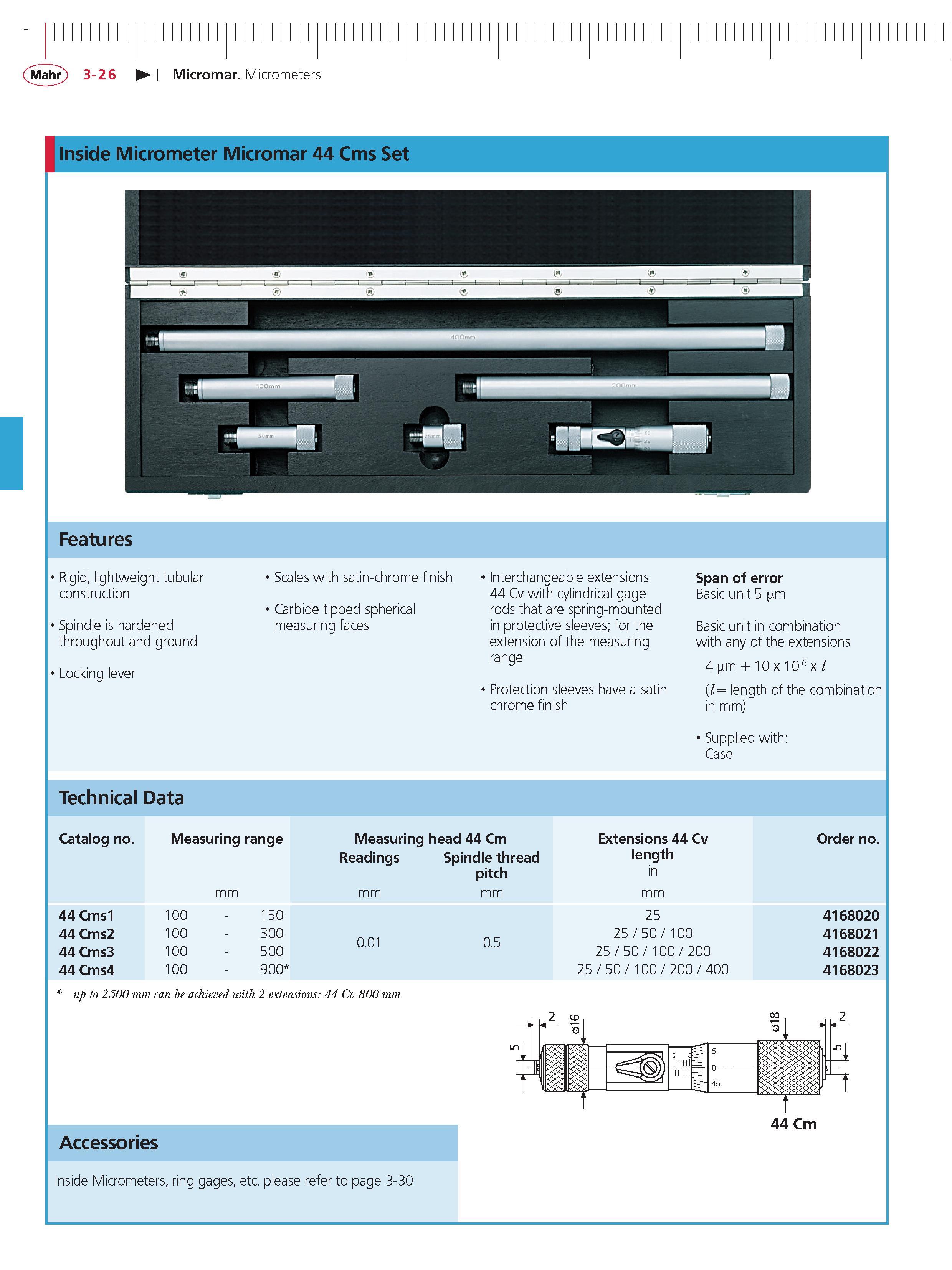 110 Mahr 3-26 Micromar Micrometers inside Micrometer Micromar 44 Cms Set Features Rigid lightweight tubular construction Spindle is hardened throug Каталог MAHR 2014 Измерительные инструменты приборы и оборудование для линейно-угловых измерений в машиностроении Стр. 3-26 ENG