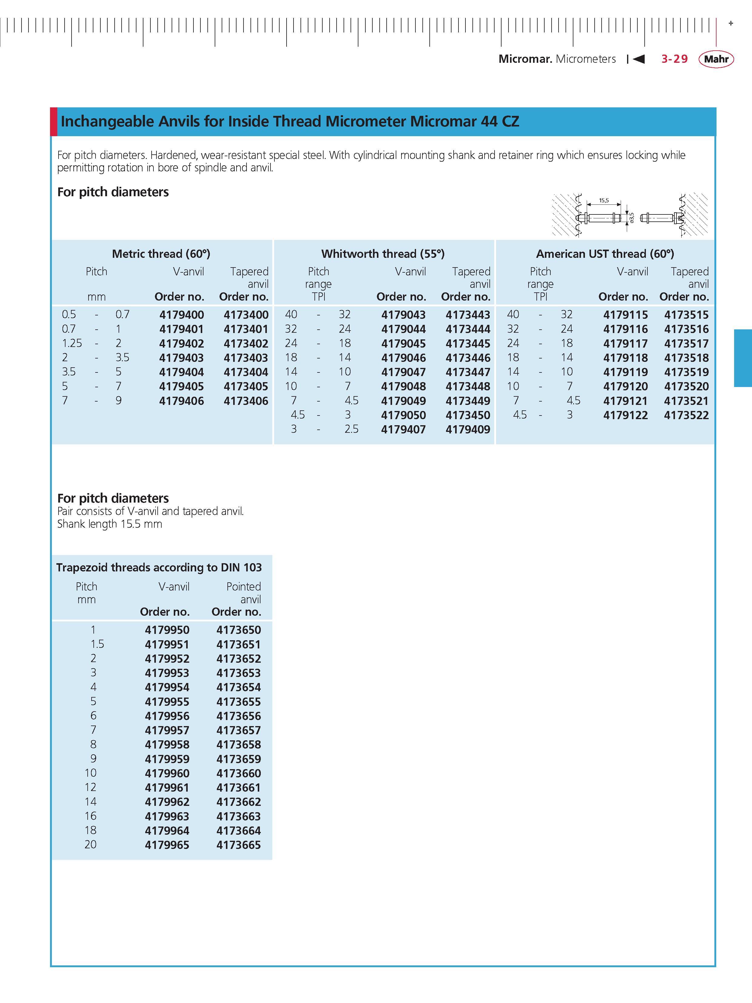 113 Micromar Micrometers M 3-29 Mahr + inchangeable Anvils for inside Thread Micrometer Micromar 44 CZ For pitch diameters Hardened wear-resistant Каталог MAHR 2014 Измерительные инструменты приборы и оборудование для линейно-угловых измерений в машиностроении Стр. 3-29 ENG