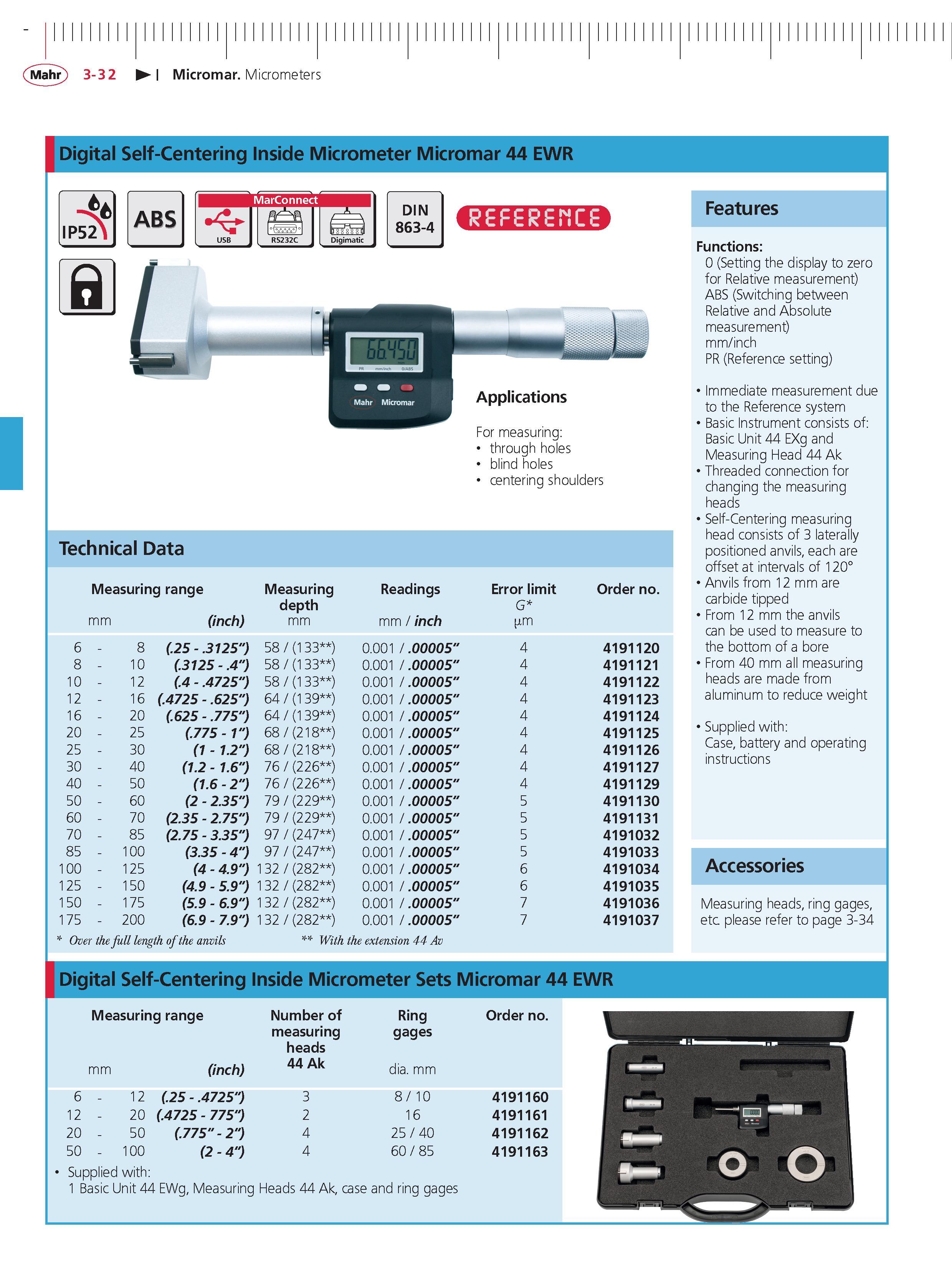 116 Mahr 3-3 2 Micromar Micrometers Digital Self-Centering inside Micrometer Micromar 44 EWR For measuring through holes blind holes centering shou Каталог MAHR 2014 Измерительные инструменты приборы и оборудование для линейно-угловых измерений в машиностроении Стр. 3-32 ENG