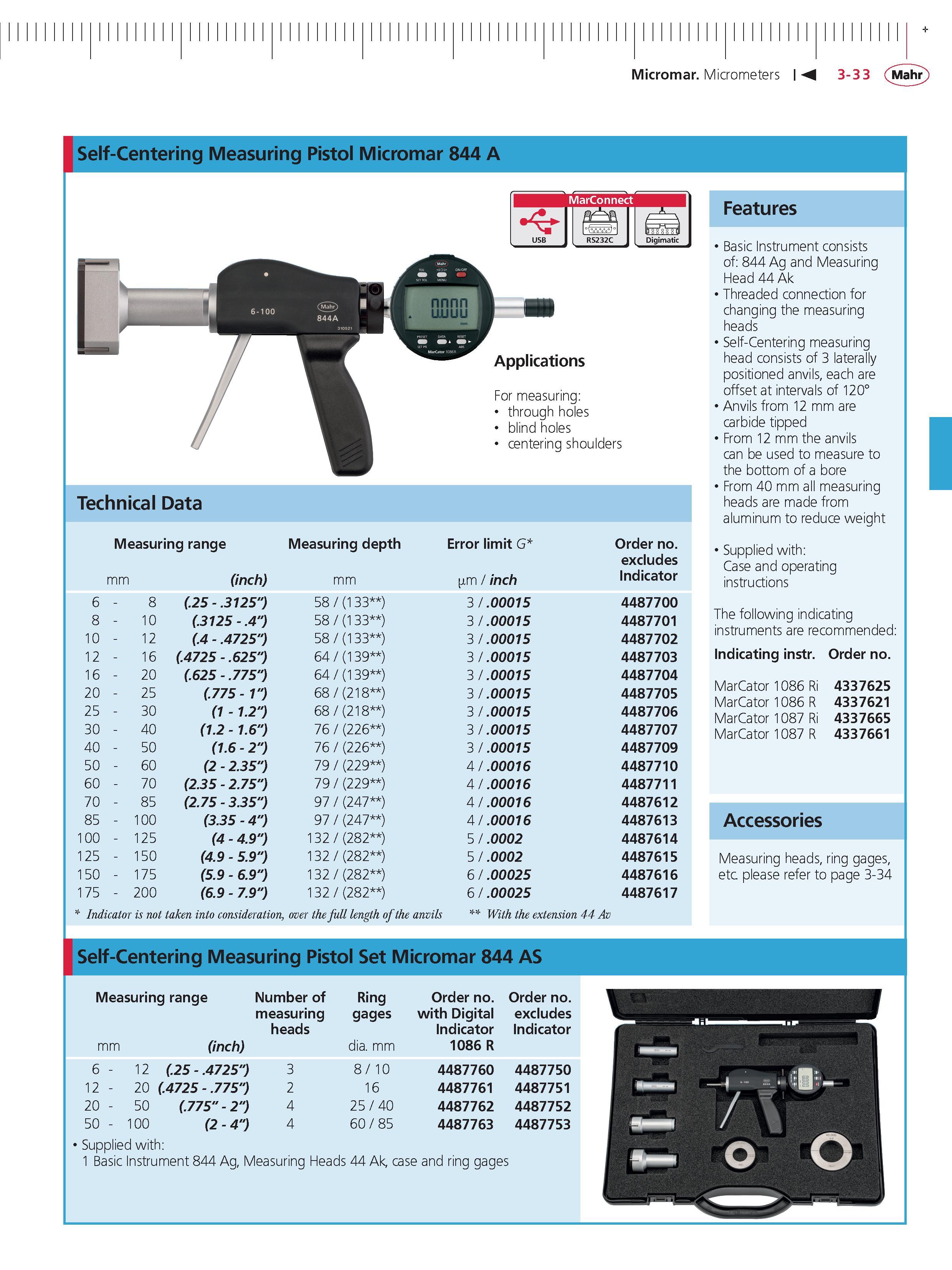 117 Micromar Micrometers M 3-33 Mahr Self-Centering Measuring Pistol Micromar 844 A For measuring through holes blind holes centering shoulders Fea Каталог MAHR 2014 Измерительные инструменты приборы и оборудование для линейно-угловых измерений в машиностроении Стр. 3-33 ENG