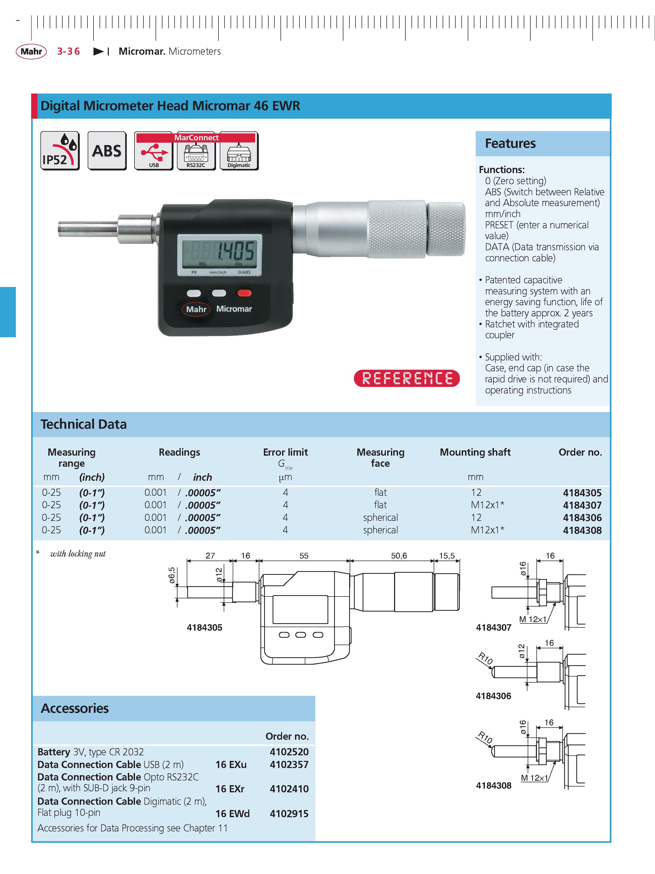 120 Mahr 3-3 6 Micromar Micrometers Digital Micrometer Head Micromar 46 EWR IP52 ABS MarConnect Digimatic Features Functions 0 (Zero setting) ABS ( Каталог MAHR 2014 Измерительные инструменты приборы и оборудование для линейно-угловых измерений в машиностроении Стр. 3-36 ENG