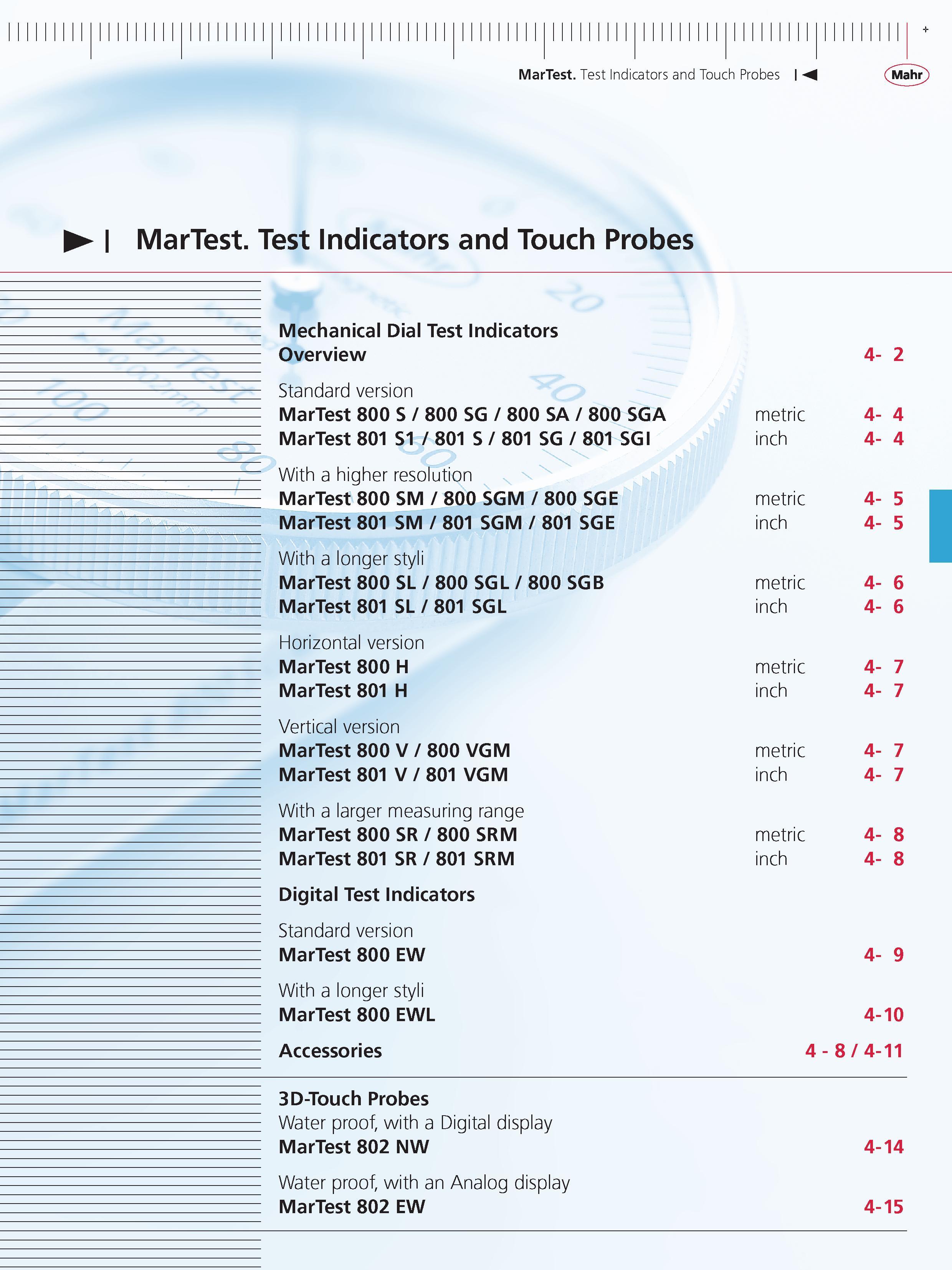 123 MarTest Test Indicators and Touch Probes M MarTest Test Indicators and Touch Probes Mechanical Dial Test Indicators Overview Standard version M Каталог MAHR 2014 Измерительные инструменты приборы и оборудование для линейно-угловых измерений в машиностроении Стр.  ENG