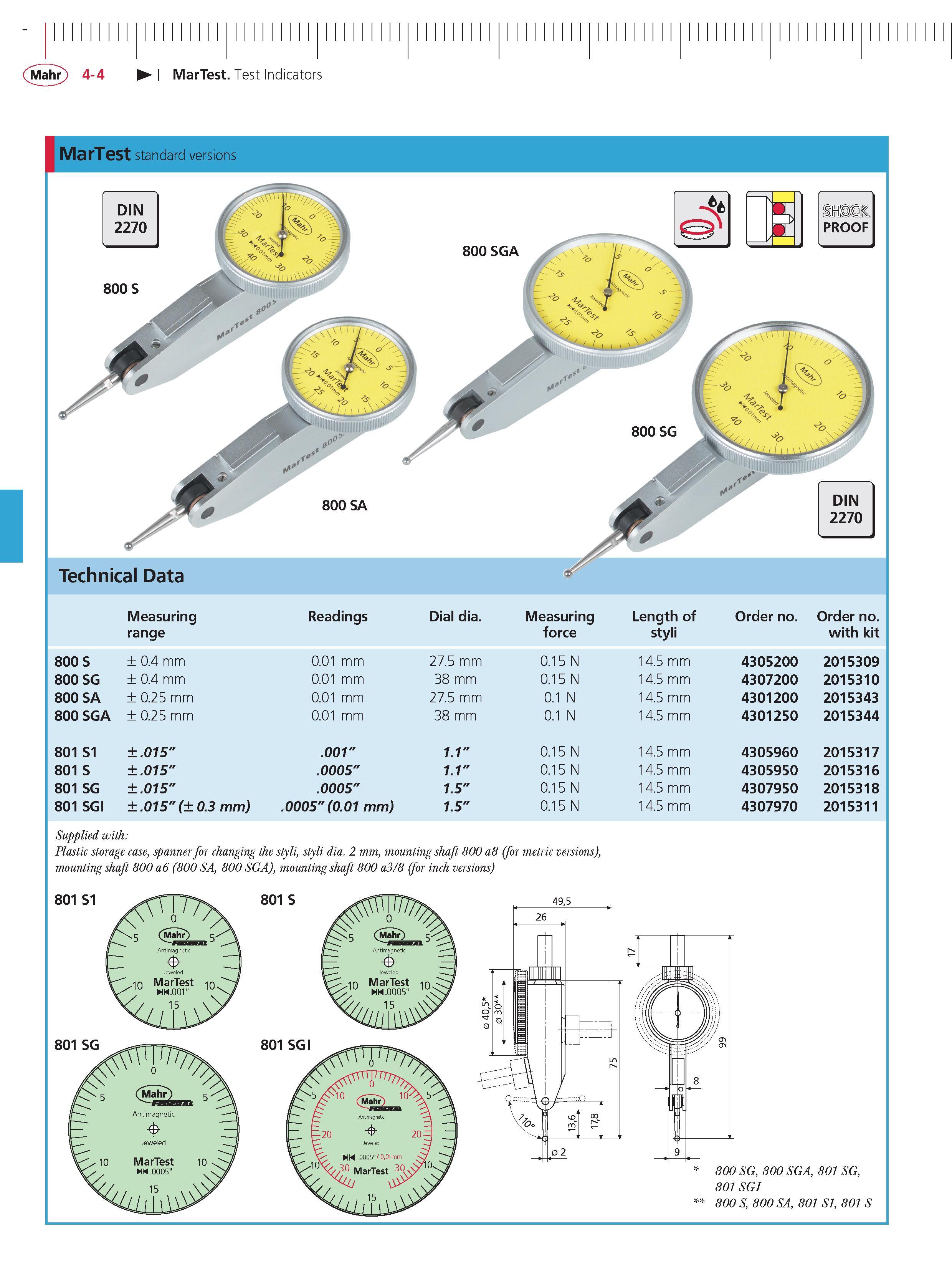 126 Mahr 4-4 MarTest Test Indicators MarTest standard versions Technical Data Measuring Readings Dial dia Measuring Length of order no order no ran Каталог MAHR 2014 Измерительные инструменты приборы и оборудование для линейно-угловых измерений в машиностроении Стр. 4-4 ENG