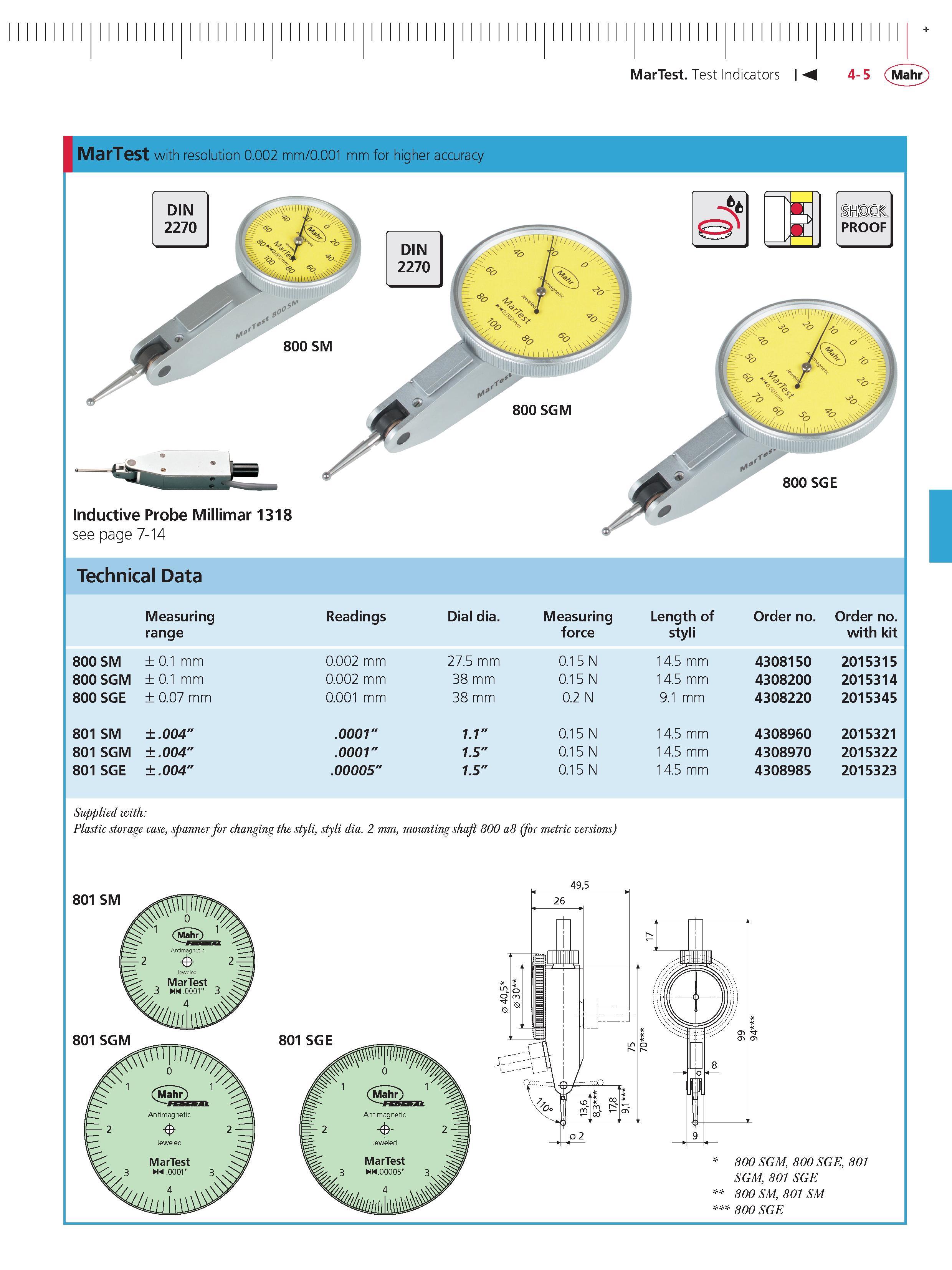 127 MarTest Test Indicators M 4-5 Mahr MarTest with resolution 0 002 mm 0 001 mm for higher accuracy 800 SGE inductive Probe Millimar 1318 see page Каталог MAHR 2014 Измерительные инструменты приборы и оборудование для линейно-угловых измерений в машиностроении Стр. 4-5 ENG