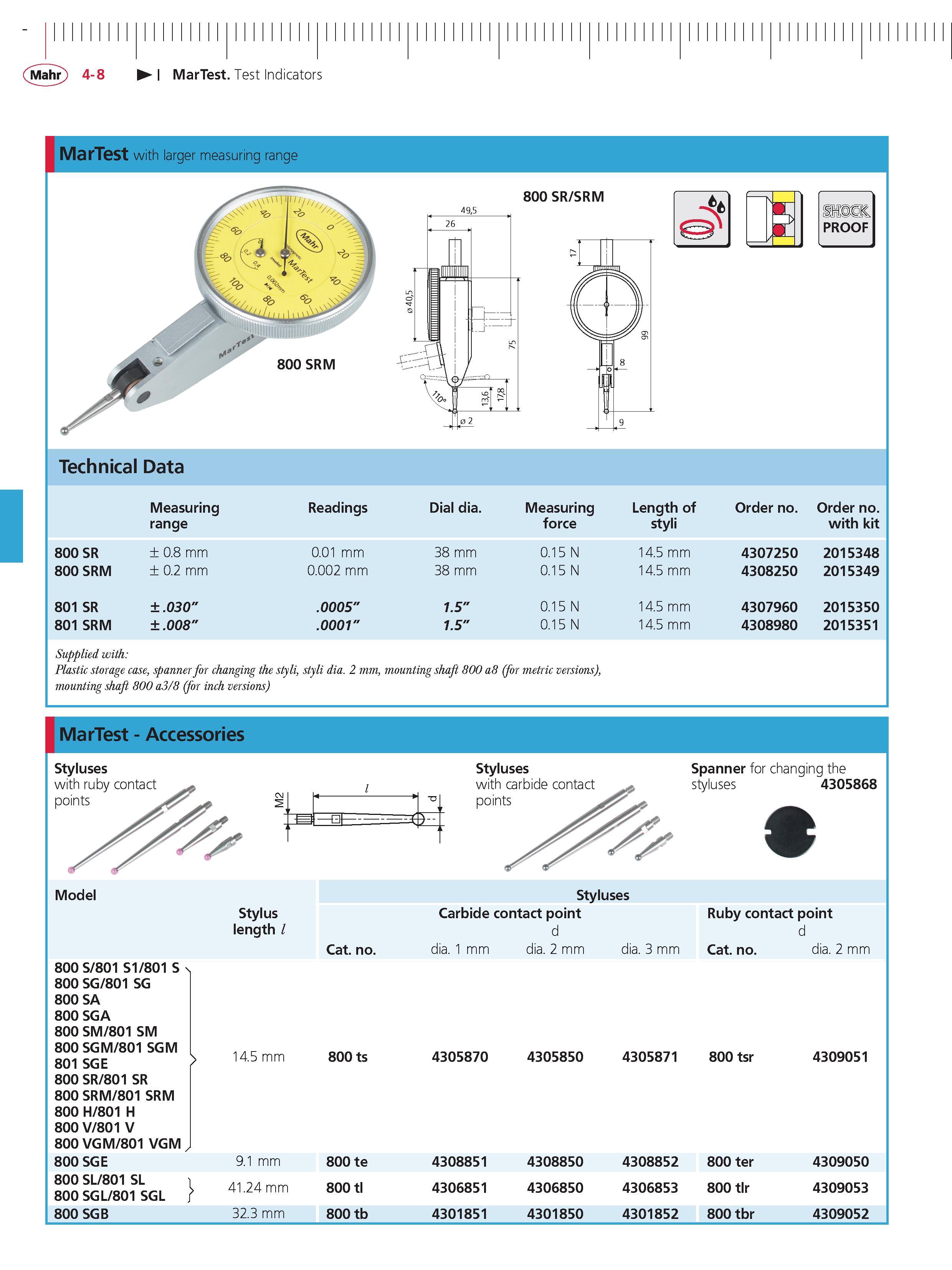 130 Mahr 4-8 MarTest Test Indicators MarTest with larger measuring range 800 SR SRM SHOCK PROOF Technical Data Measuring range Readings Dial dia Me Каталог MAHR 2014 Измерительные инструменты приборы и оборудование для линейно-угловых измерений в машиностроении Стр. 4-8 ENG