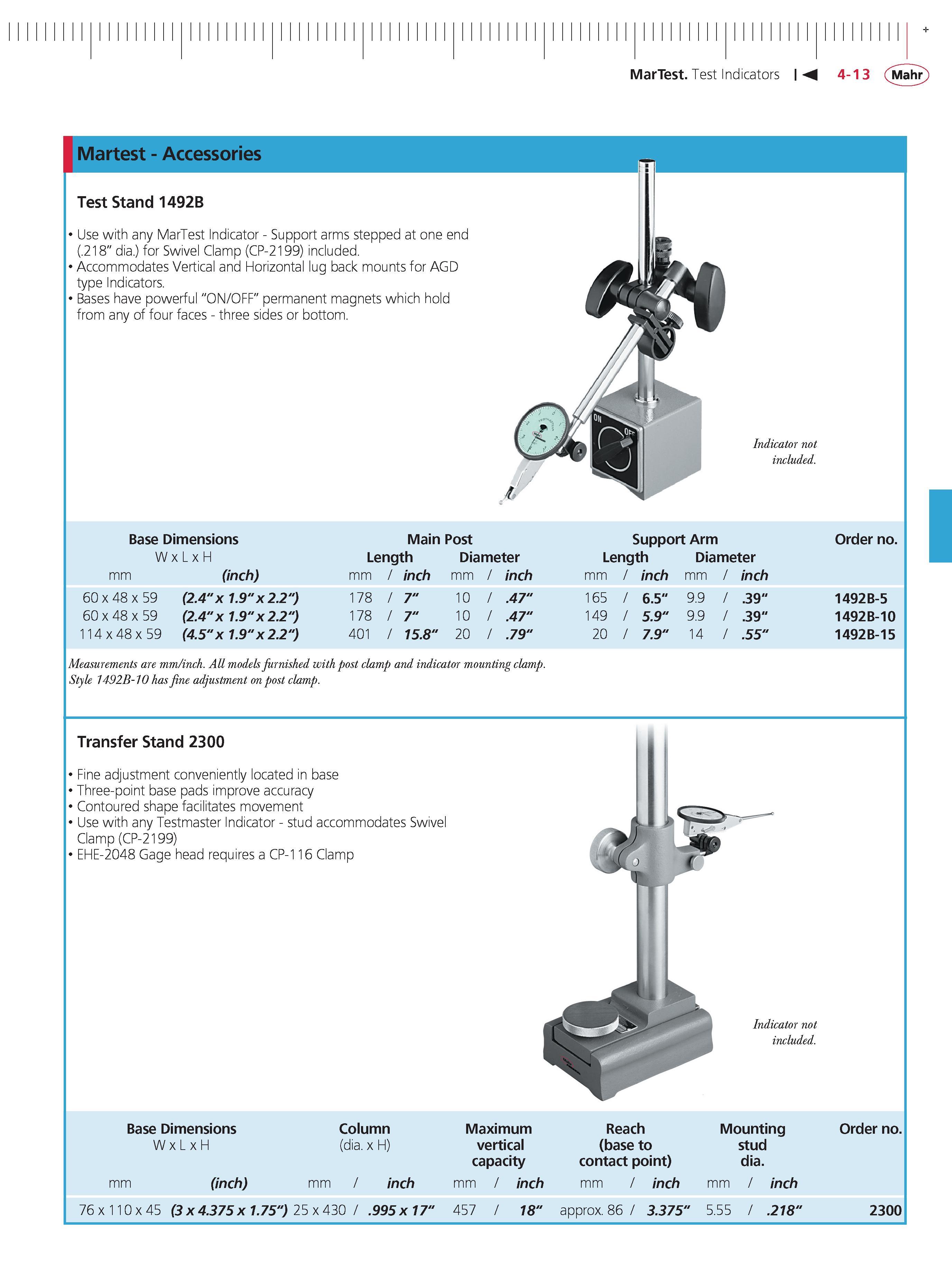 135 MarTest Test Indicators M 4-13 Mahr Martest - Accessories Test Stand 1492B Use with any MarTest Indicator - Support arms stepped at one end ( 2 Каталог MAHR 2014 Измерительные инструменты приборы и оборудование для линейно-угловых измерений в машиностроении Стр. 4-13 ENG