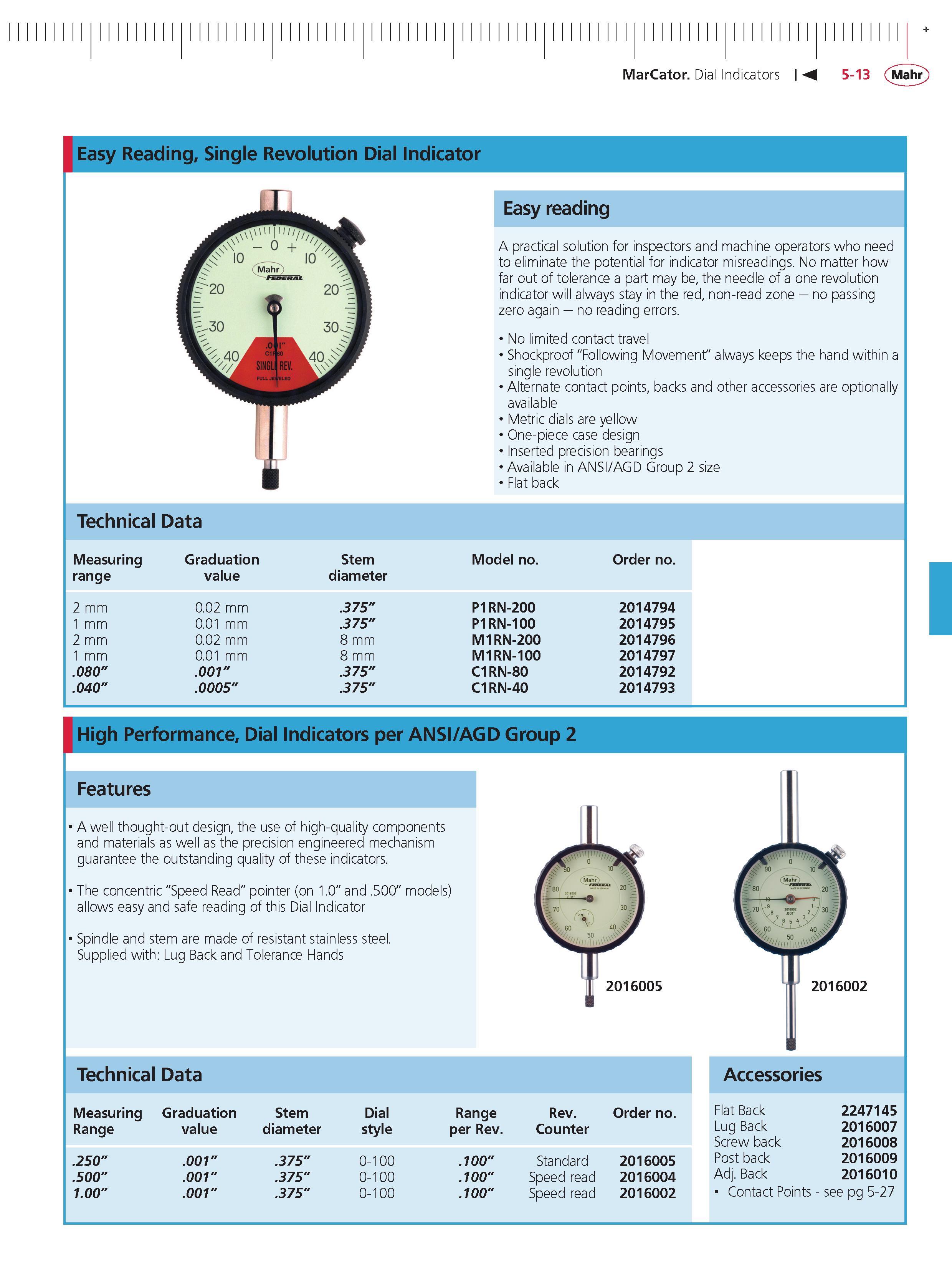151 MarCator Dial Indicators M 5-13 Mahr High Performance Dial Indicators per ANSI AGD Group 2 Features A well thought-out design the use of high-q Каталог MAHR 2014 Измерительные инструменты приборы и оборудование для линейно-угловых измерений в машиностроении Стр. 5-13 ENG