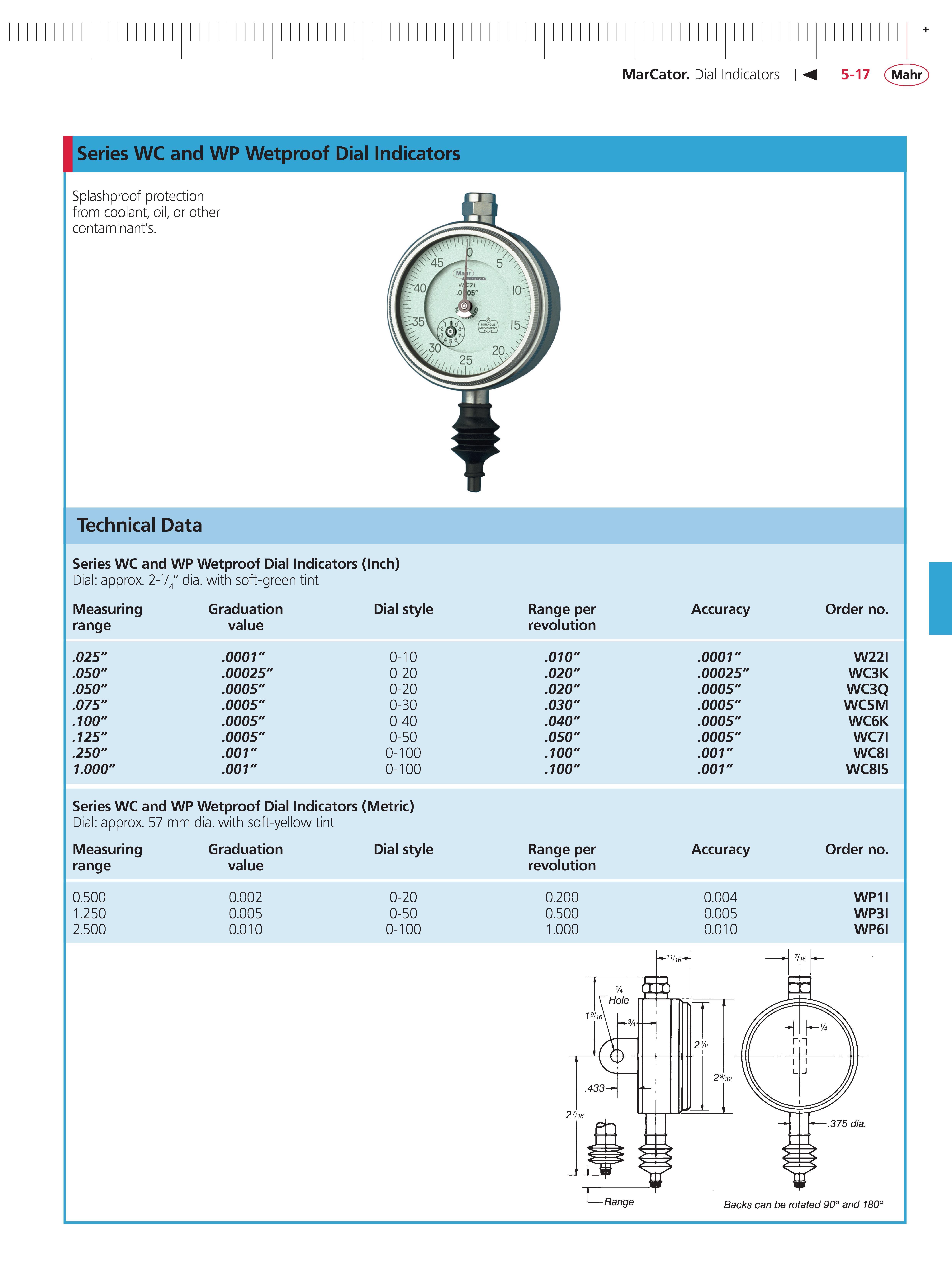 155 MarCator Dial Indicators M 5-17 Mahr Series WC and WP Wetproof Dial Indicators Splashproof protection from coolant oil or other contaminant's T Каталог MAHR 2014 Измерительные инструменты приборы и оборудование для линейно-угловых измерений в машиностроении Стр. 5-17 ENG