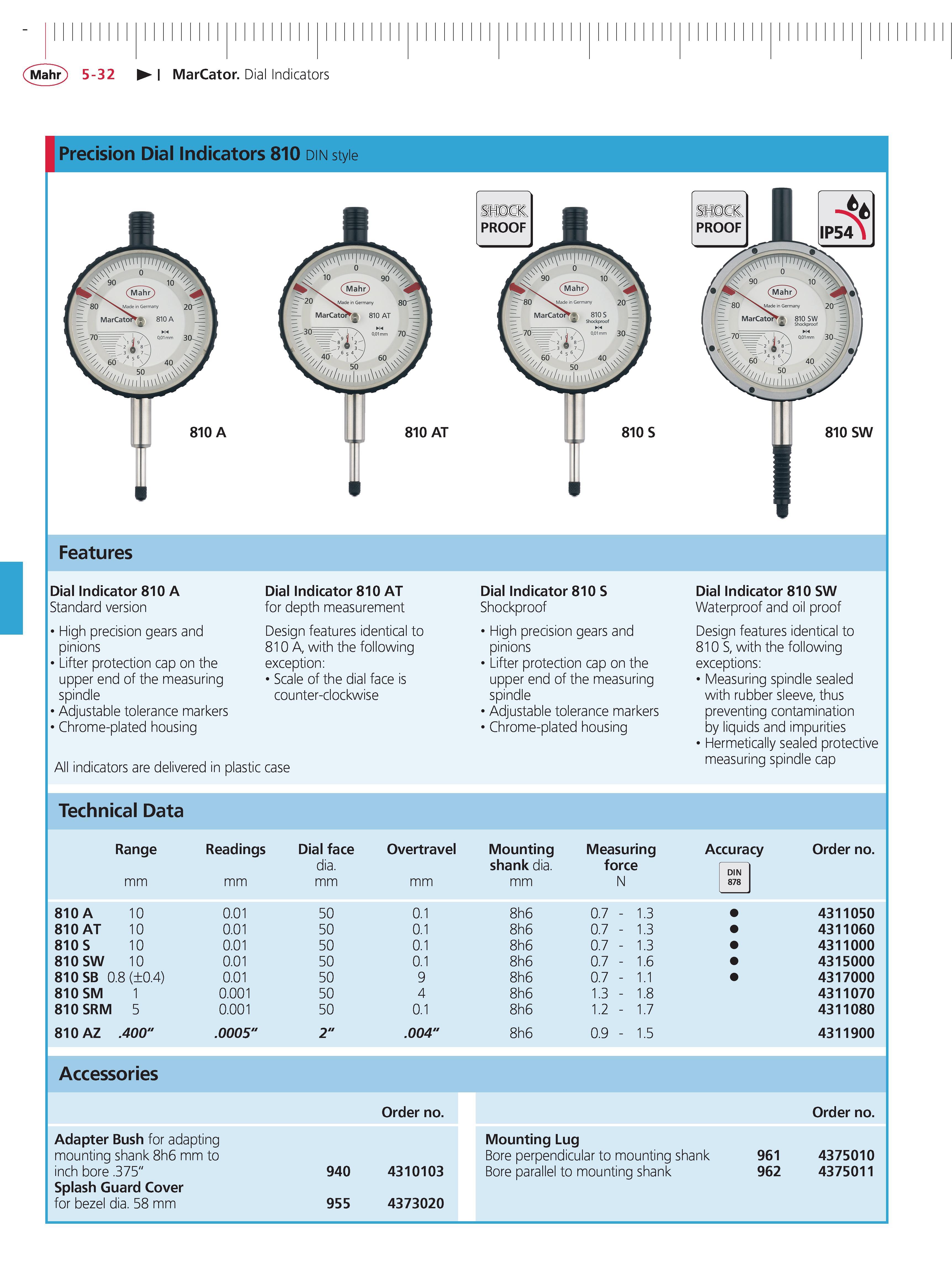 170 Precision Dial Indicators 810 din style 810 S Features Dial Indicator 810 A Standard version High precision gears and pinions Lifter protection Каталог MAHR 2014 Измерительные инструменты приборы и оборудование для линейно-угловых измерений в машиностроении Стр. 5-32 ENG