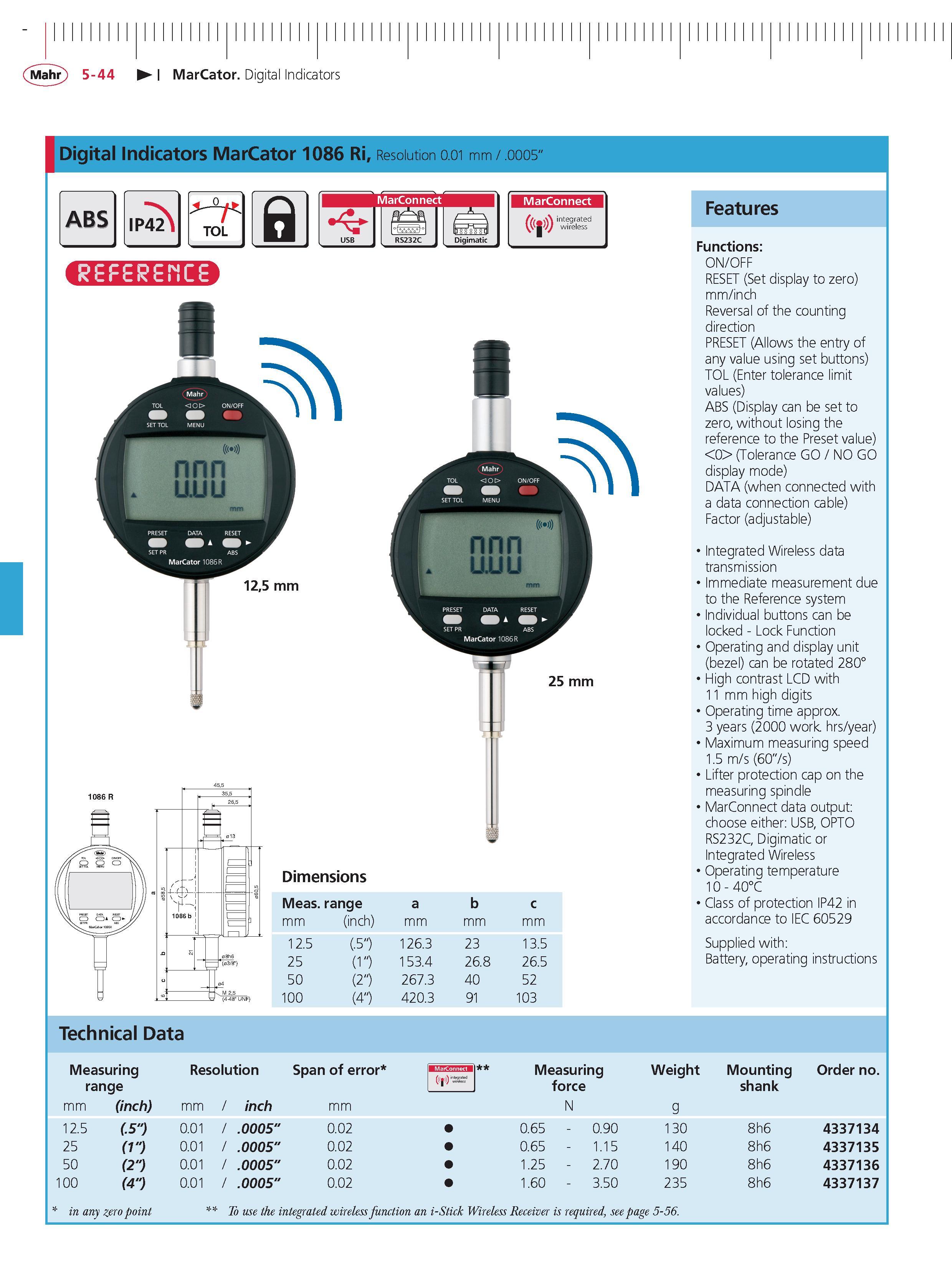182 Mahr 5-44 MarCator Digital Indicators Digital Indicators MarCator 1086 Ri Resolution 0 01 mm 0005 ABS IP42 TOL a MarConnect Digimatic MarConnec Каталог MAHR 2014 Измерительные инструменты приборы и оборудование для линейно-угловых измерений в машиностроении Стр. 5-44 ENG