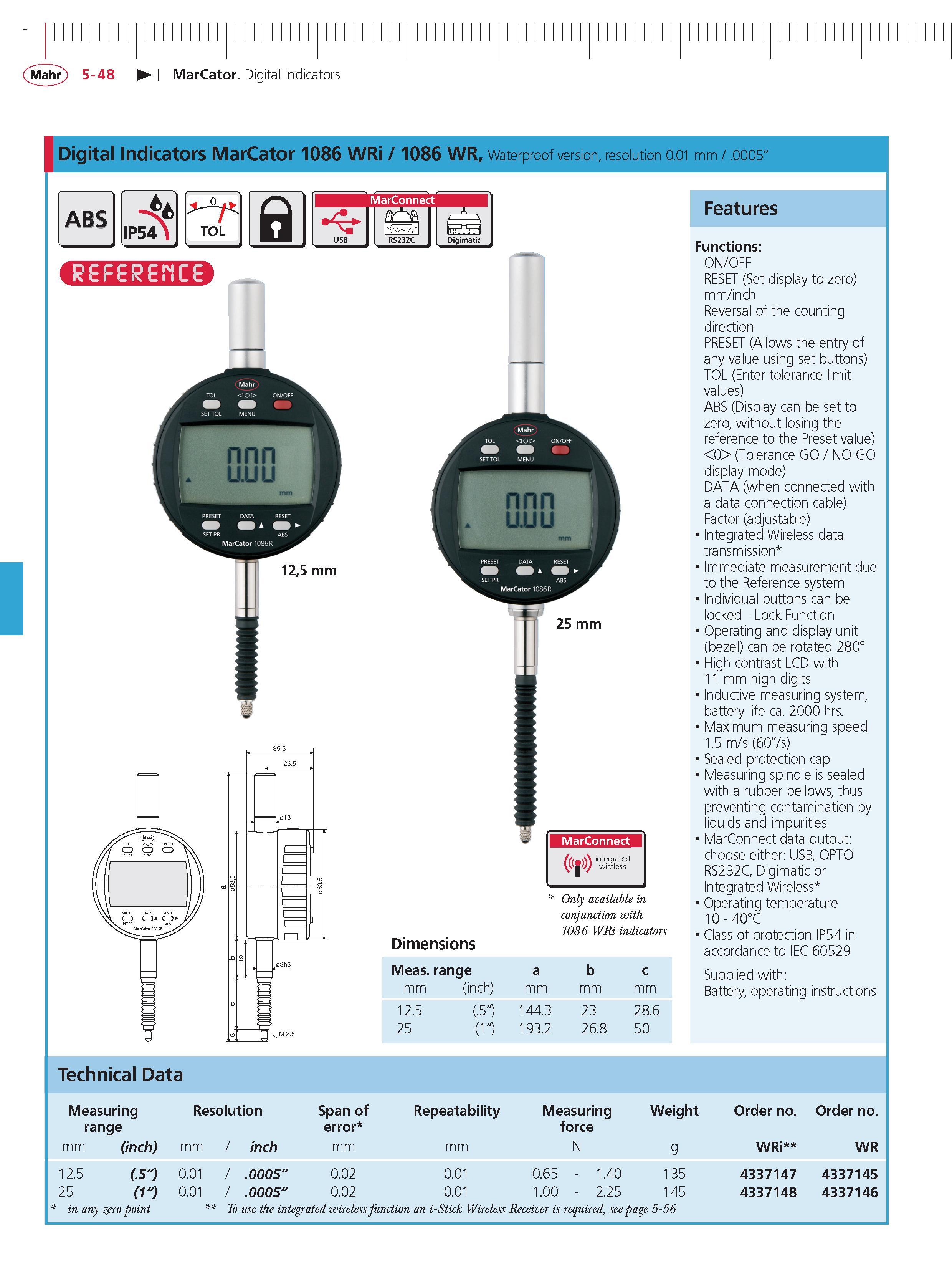 186 Mahr 5-48 MarCator Digital Indicators Digital Indicators MarCator 1086 WRi 1086 WR Waterproof version resolution 0 01 mm 0005' Features Functio Каталог MAHR 2014 Измерительные инструменты приборы и оборудование для линейно-угловых измерений в машиностроении Стр. 5-48 ENG